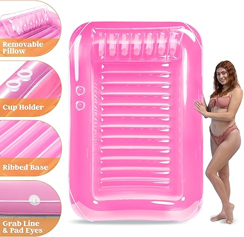 Miniatura 6 de Sloosh Flotador inflable de bronceado para piscina, flotador de balsa de 70 x 46 pulgadas, piscina de bronceado con almohada, tumbona personal para