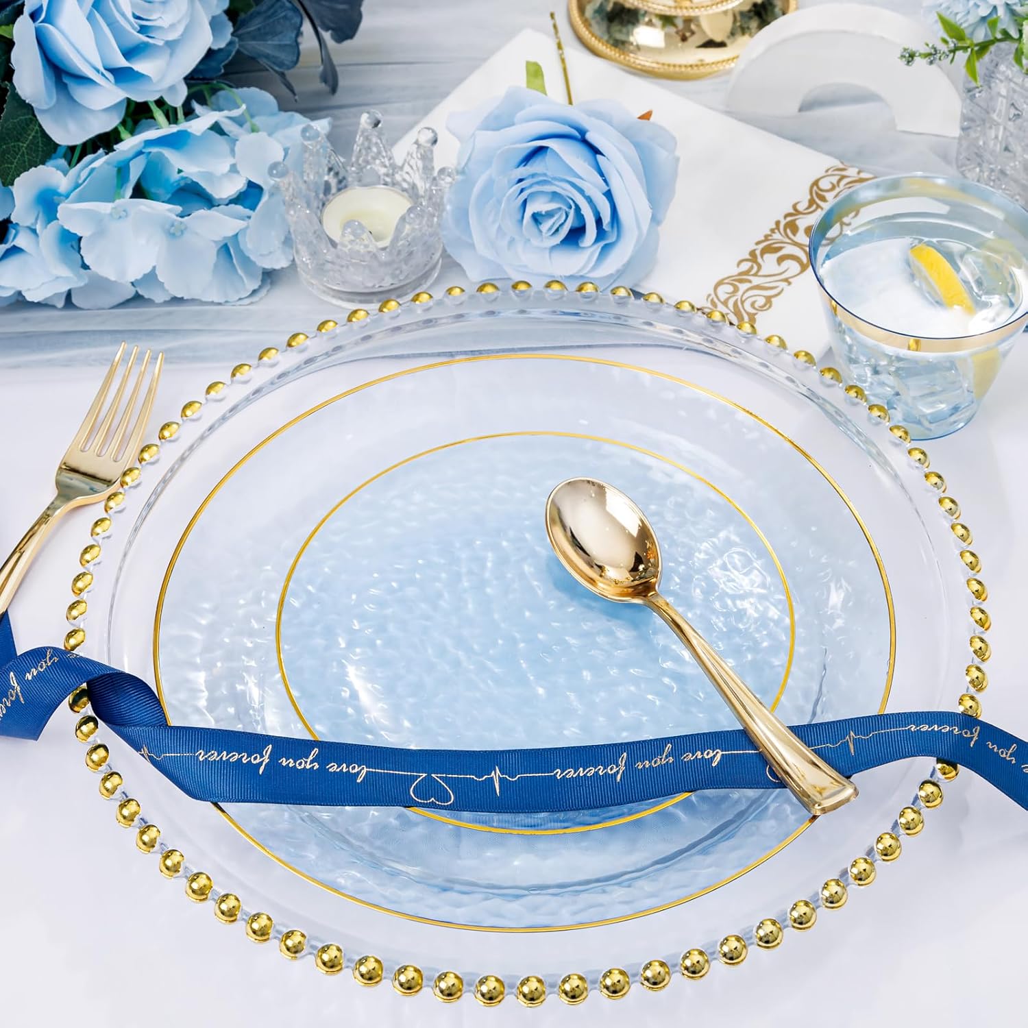 DaYammi 175PCS Clear Blue Gold Plastic Dinnerware Set for 25 Guests, Hammered Disposable Plates for Party, Include: 25 Dinner Plates, 25 Dessert Plates, 75 Gold Silverware, 25 Napkins, 25 Cups - Image 5