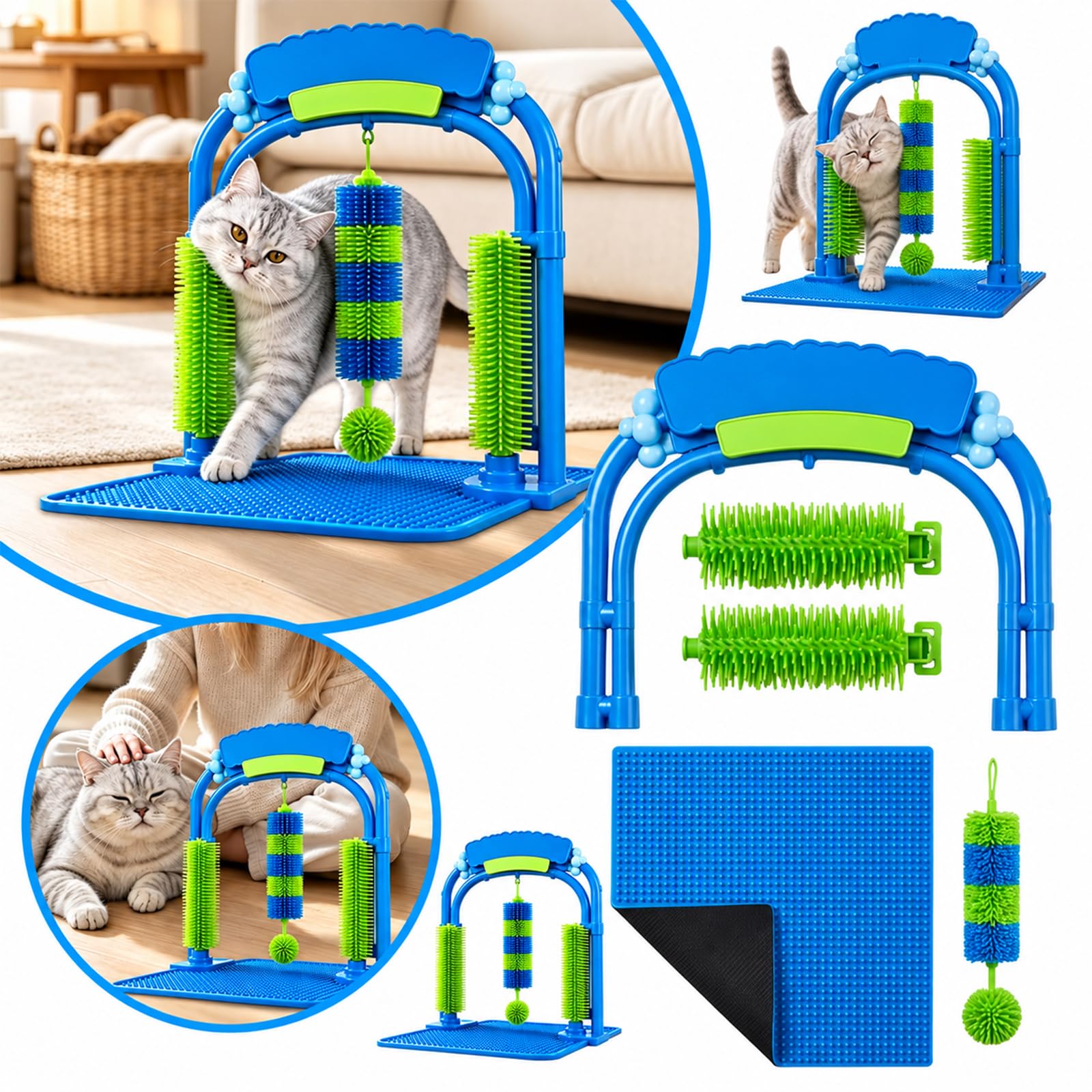 Cat Wash Grooming Station für Katzen, Selbstpflege Bogen mit Massagebürste, Fellpflege Bürste zur Haarentfernung für Wohnungskatzen, Katzen Pflegestation mit Stabiler Basis und Fischspielzeug (2Pcs)
