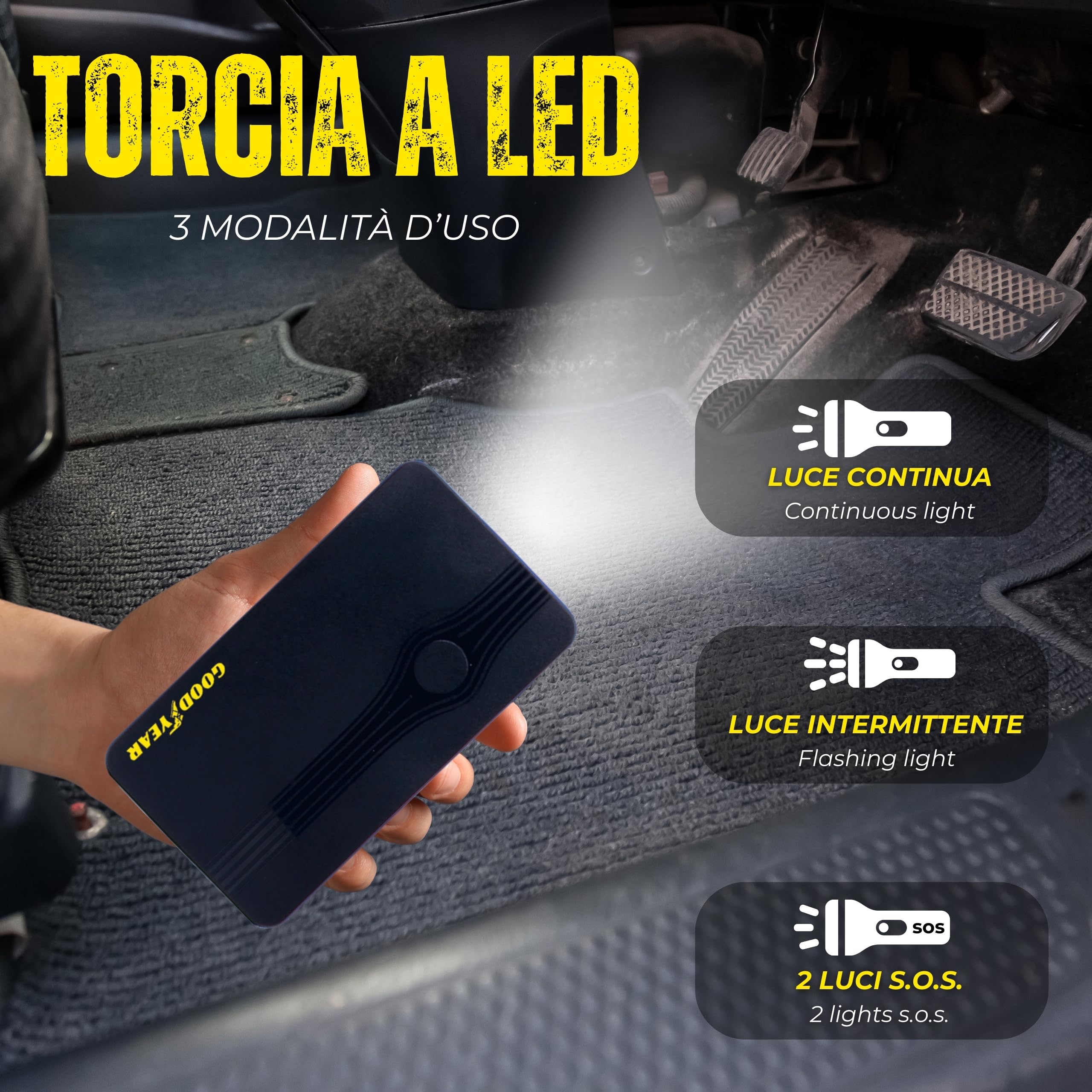 Goodyear, Arrancador de Emergencia de 8000 mAh, multifunción, batería de Litio, para vehículos a Gasolina/diésel, función Banco de energía, Linterna LED con 3 Modos de Uso