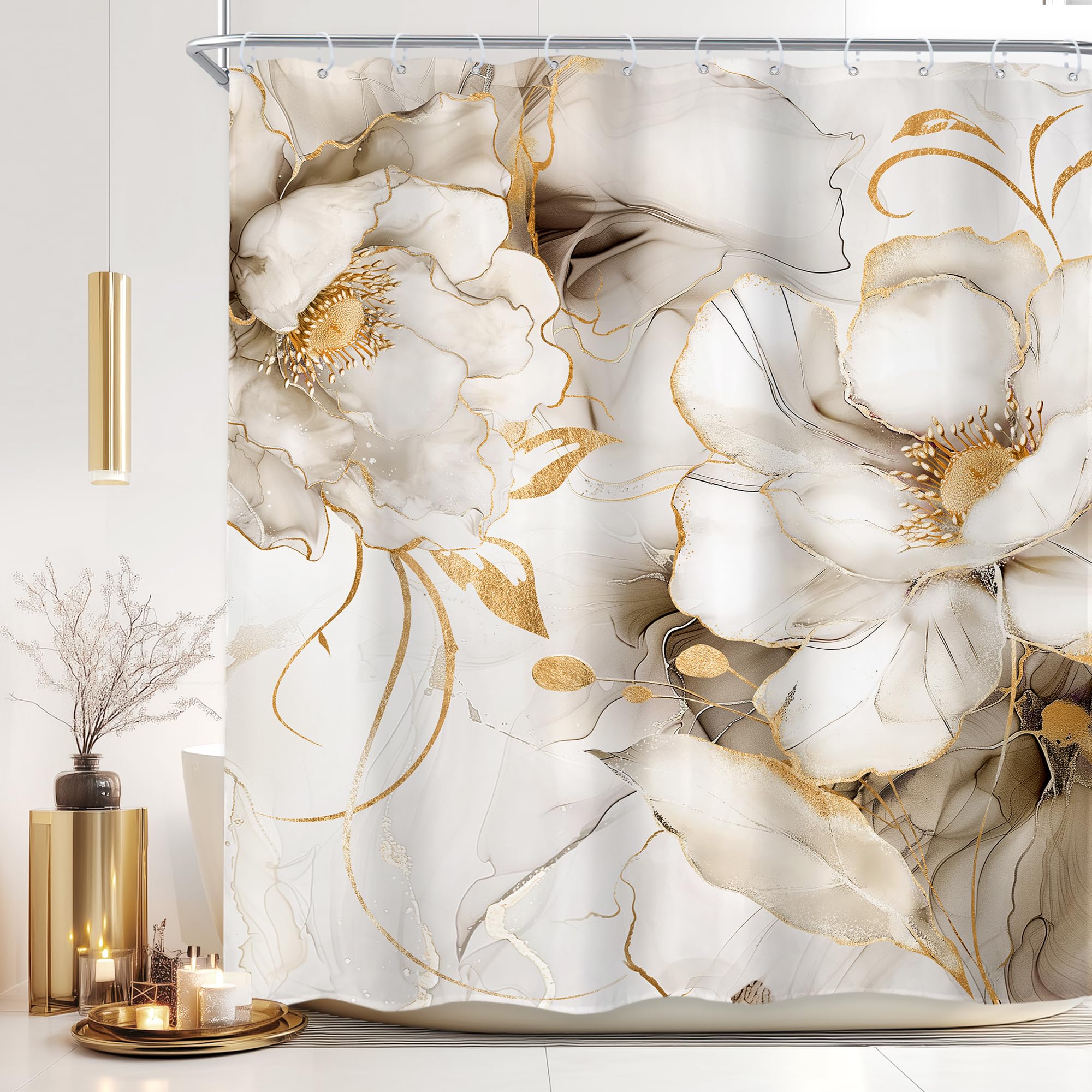 Newsely Marble Shower Curtain 60Wx72L Inch White Gold Ombre Abstract Luxury Floral Modern Ink Texture Minimalist Bathroom Set Elegant Girls Waterproof Bath Decoration Accessories Home Decor