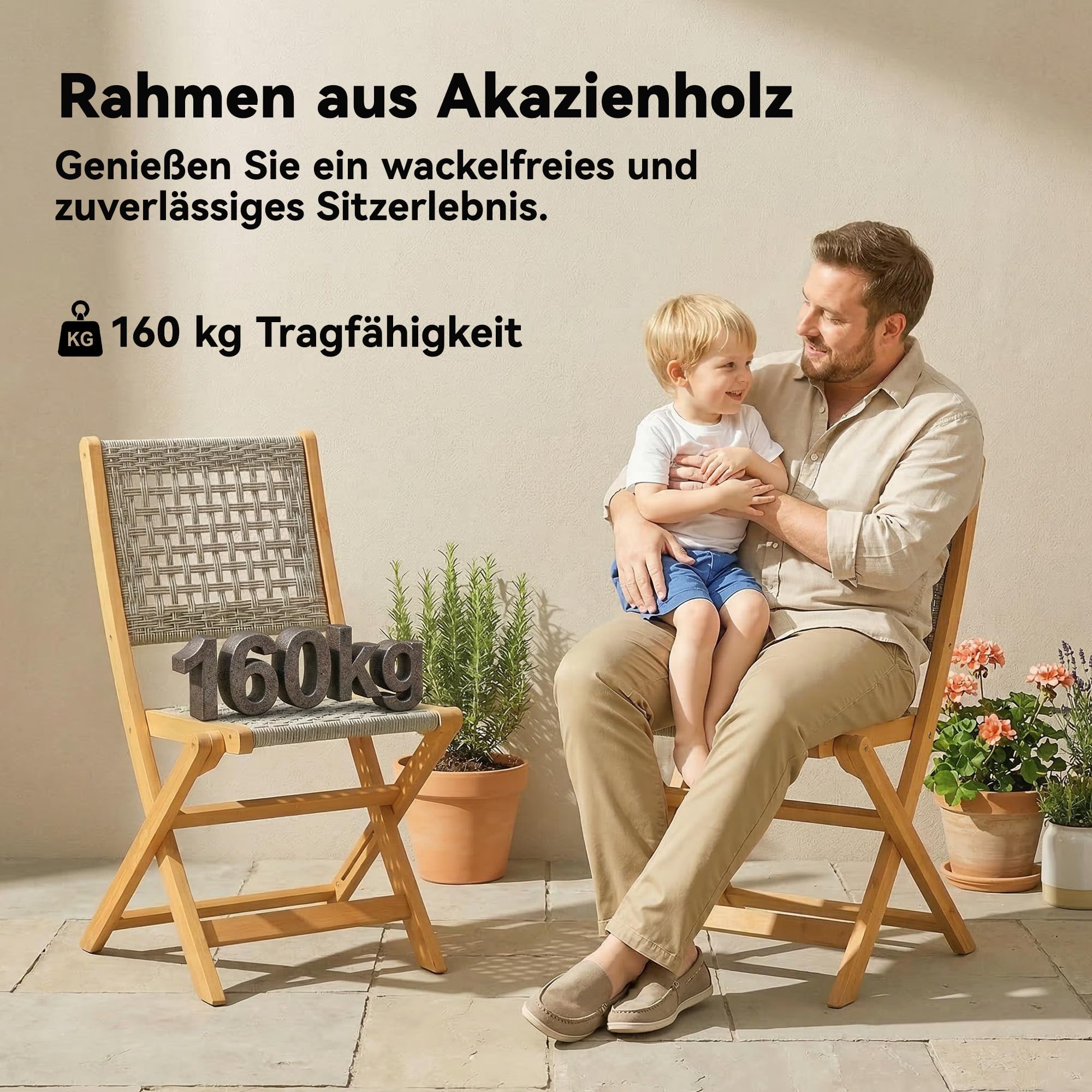 Outsunny Gartenstühle 2 Stück FSC Akazienholz Klappstuhl mit Atmungsaktiv Sitz angenehme Sitzhöhe, Gartensessel aus Massivholz & Polyrattan Balkonstühle Stuhlset für Garten Balkon Terrasse Grau