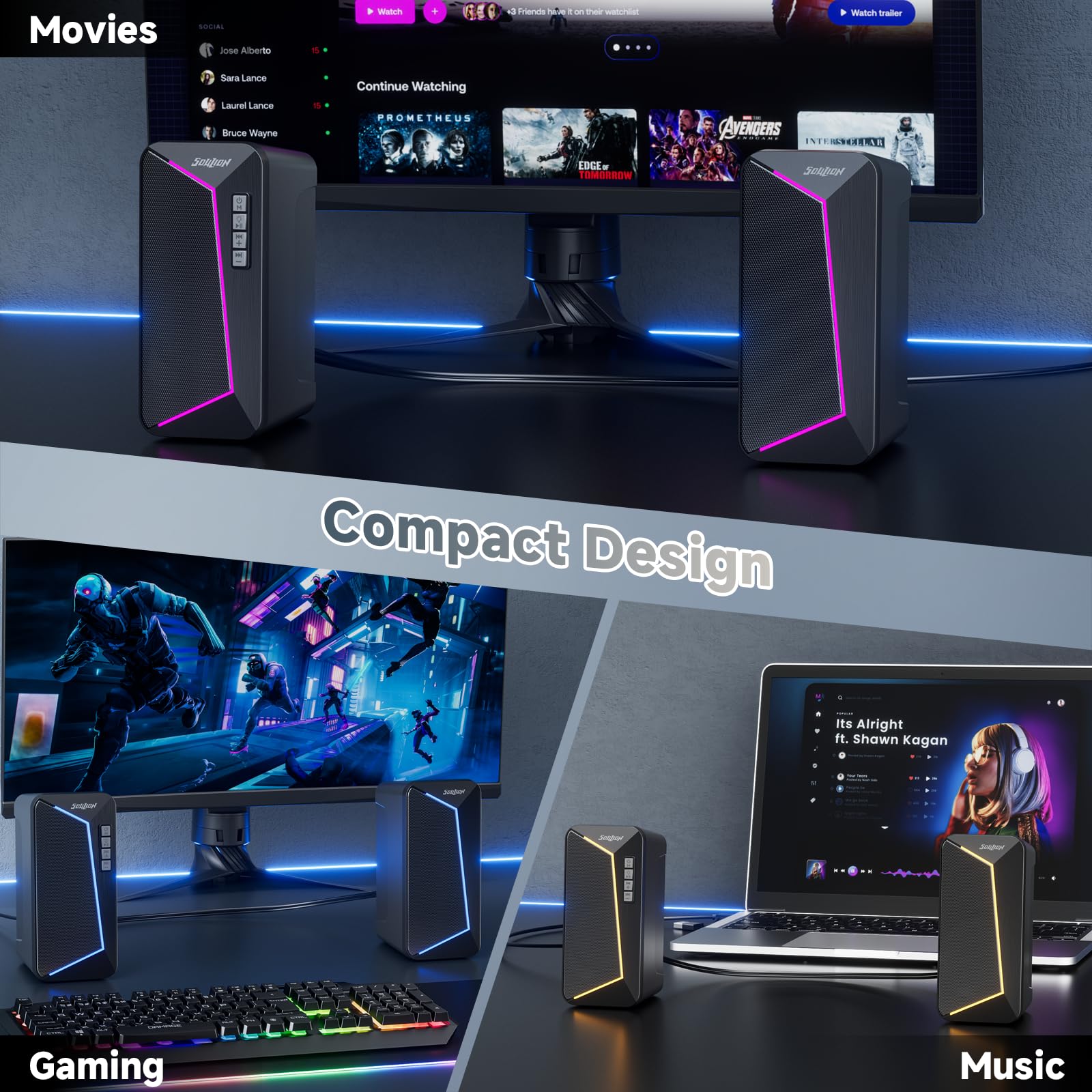 SOULION Altoparlante PC, alimentato tramite USB, con controllo volume, altoparlante da desktop per laptop, monitor