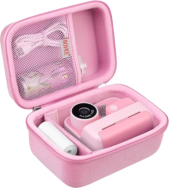 BOVKE Carrying Case for Dylanto/Anchioo/MEETRYE Kids Camera Instant Print,1080P Kids Instant Camera Toys Storage Holder with Mesh Pocket for Printing Papers, Charging Cable, Pink