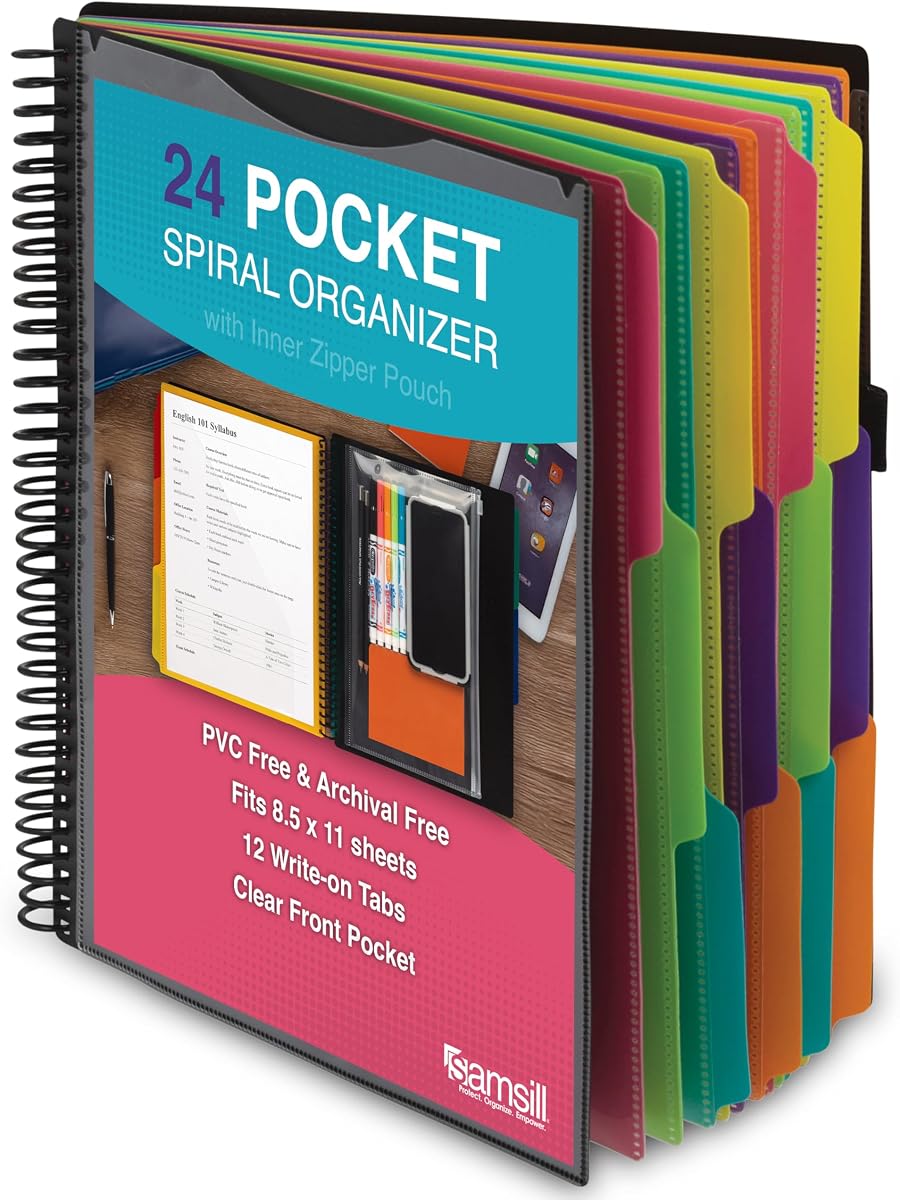 Organizador de carpetas en espiral Samsill – 12 divisores y 24 bolsillos con bolsa con cremallera, carpeta coordinada de varios bolsillos con pestañas personalizables, organizador de documentos (moda)