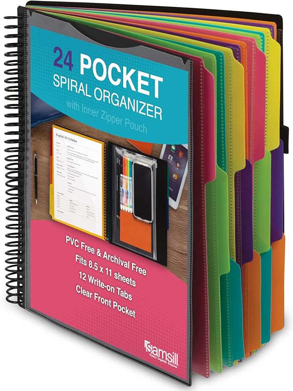 Organizador de carpetas en espiral Samsill – 12 divisores y 24 bolsillos con bolsa con cremallera, carpeta coordinada de varios bolsillos con pestañas personalizables, organizador de documentos (moda)