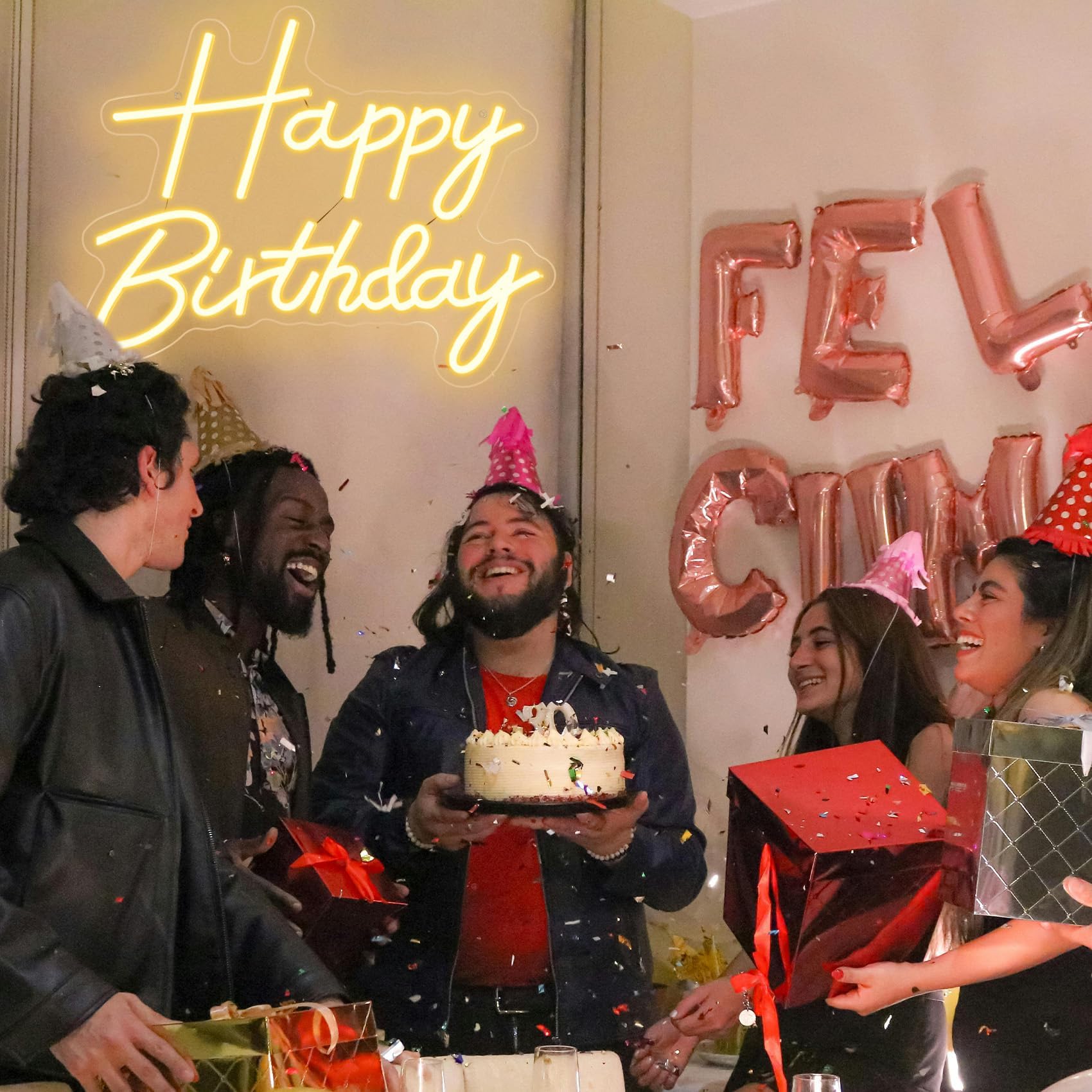 neonowy znak "Happy Birthday" na tle, podświetlany znak LED "Happy Birthday", zasilane przez USB, ściemniane światło neonowe na przyjęcie urodzinowe, dekoracja ścienna, ciepła biel