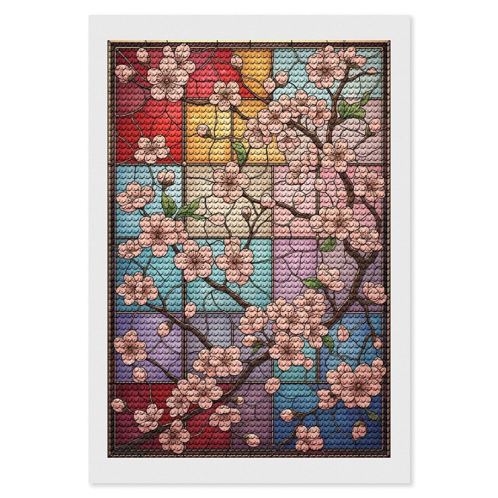 Junmoney Stained Glass Light Cherry Blossom Diamond Painting Kit 8"x12", Adhesive Canvas, Home Wall Decor, for Beginners, Birthday Gift, Full Kit Included