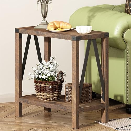 Miniatura 4 de ChooChoo Mesa auxiliar de granja para espacios pequeños, mesa auxiliar estrecha con estante de almacenamiento, mesita de noche rústica de diseño A