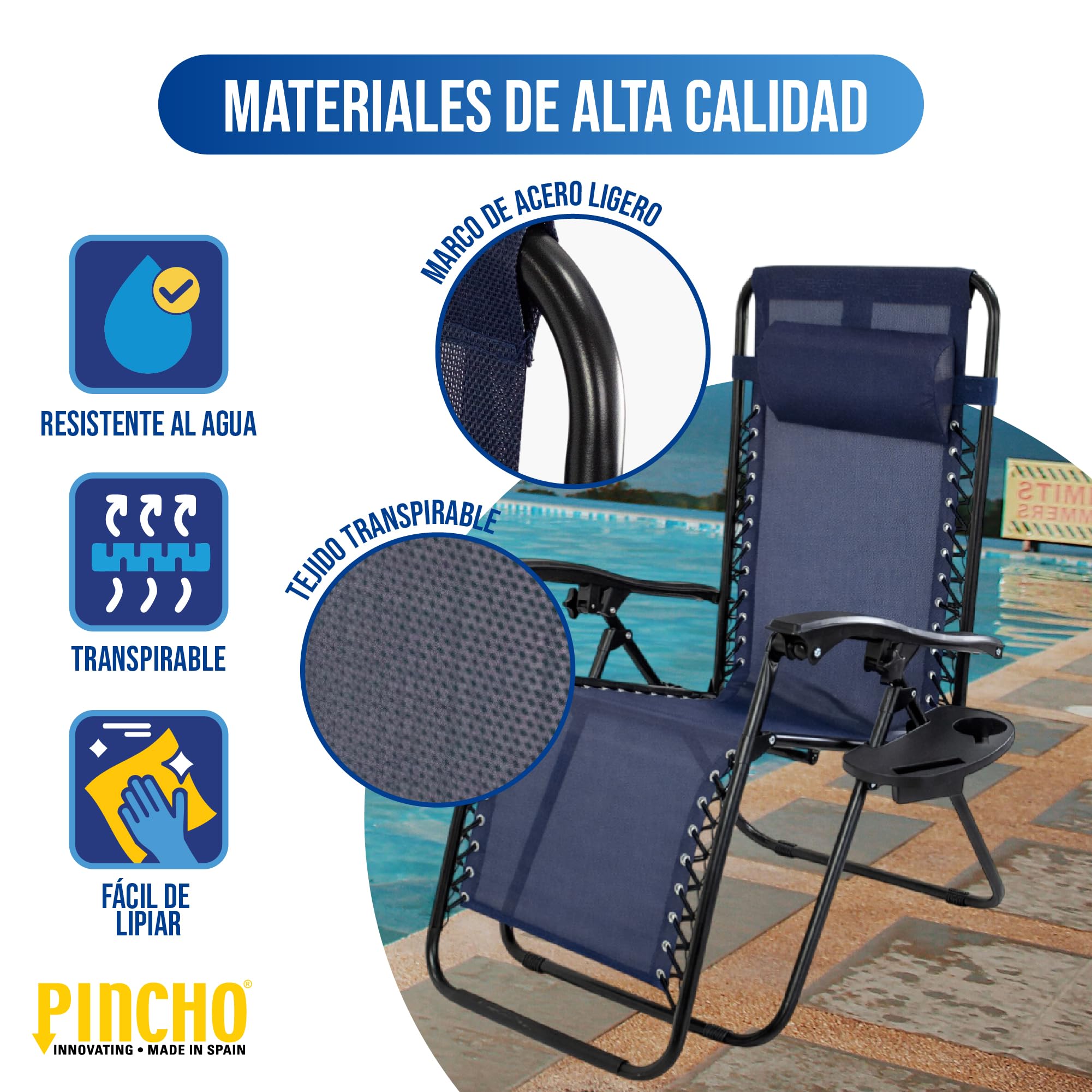 Pincho Tumbona Jardin Exterior Plegable de Gravedad Cero - Pack 2 Sillas Reclinables o Hamacas para Playa, Terraza y Camping con Portavasos, Ligeras y Cómodas (Marino)