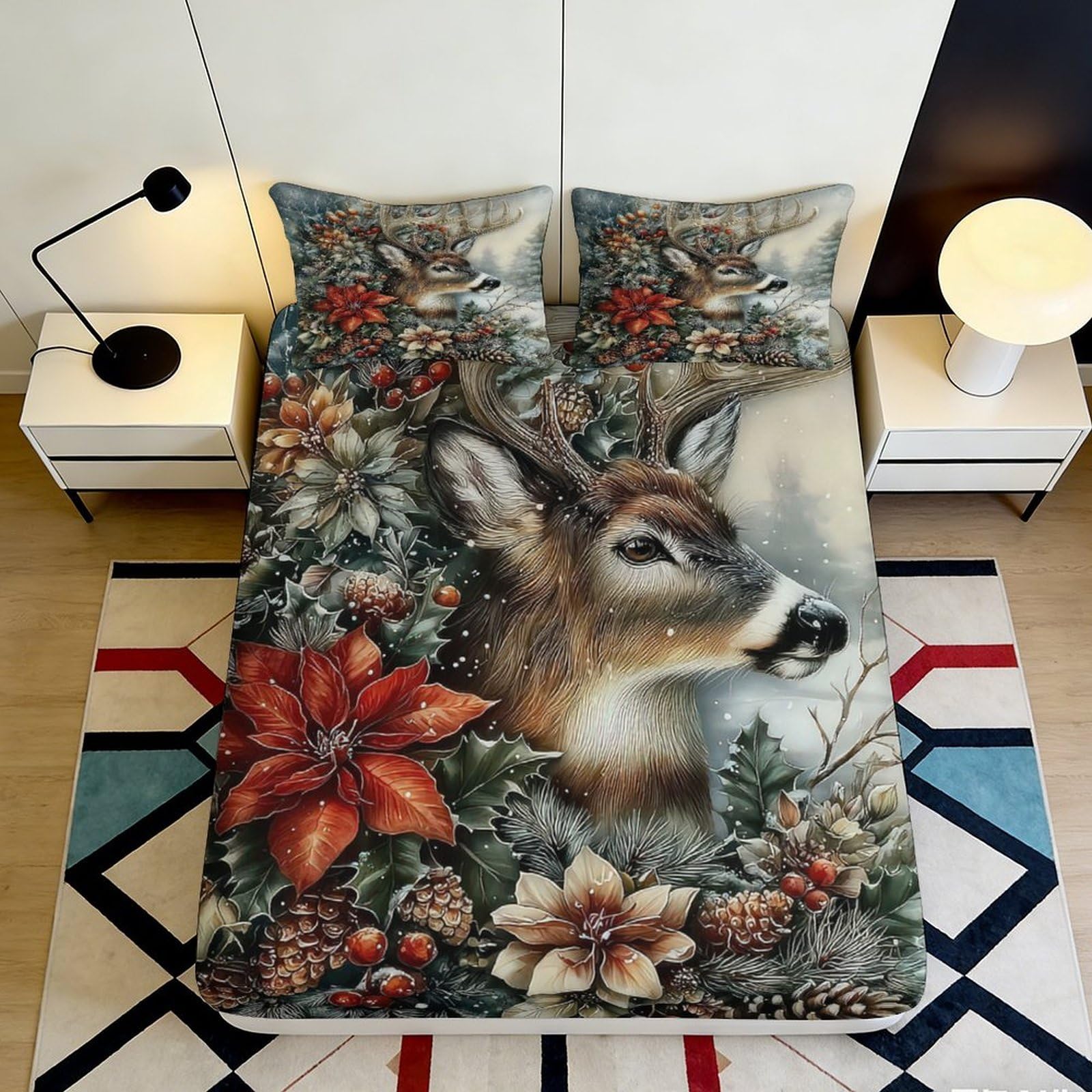 3D Printed reindeer Fitted Sheet with floral accents, Microfiber soft touch, wrinkle resistant, guest room bedding, easy care, mattress cover for home apartment, 116 90x200x25cm