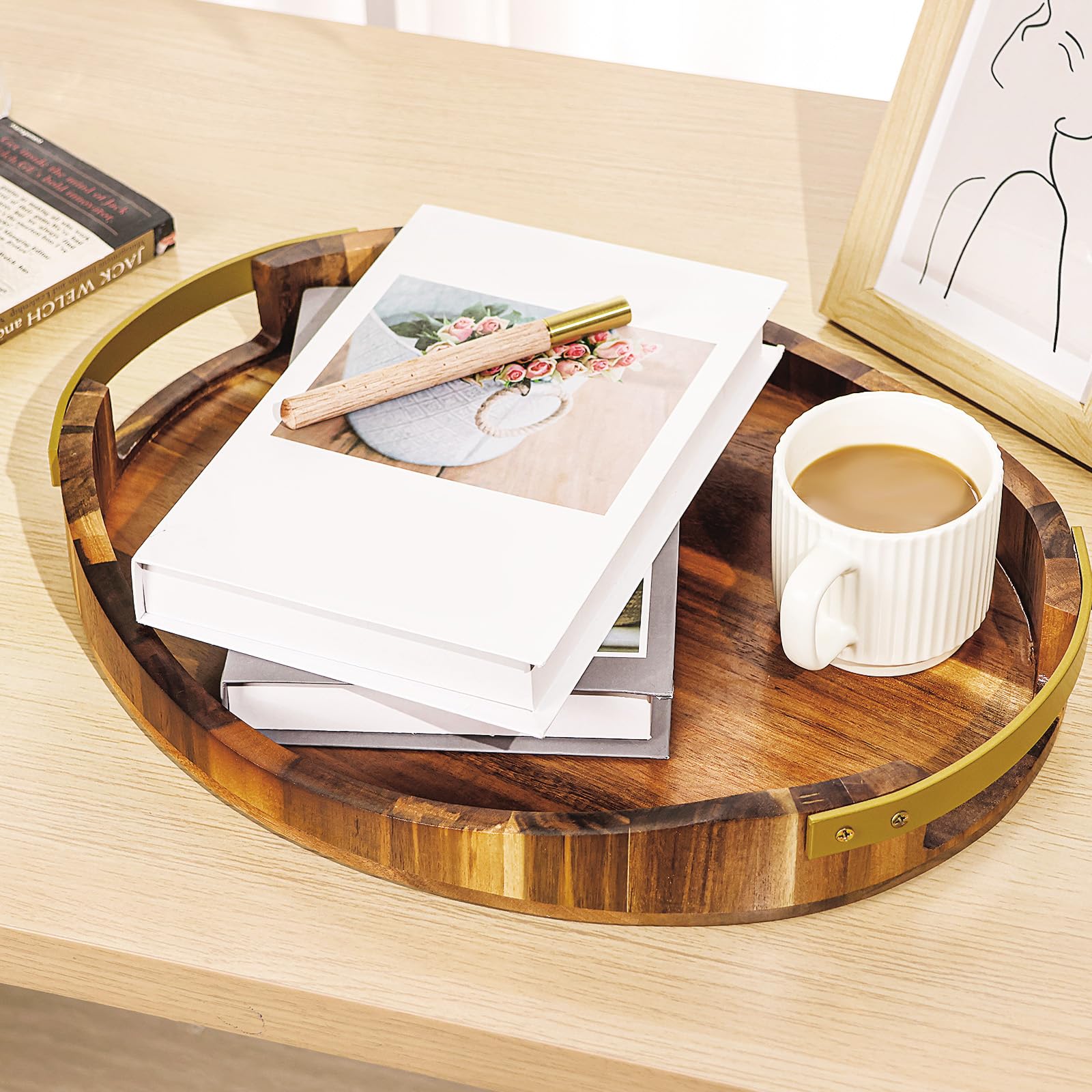 Vassoio da portata in legno di acacia con manici in metallo, 40,6 x 33 cm, rotondo, decorativo, con manici, per soggiorno, tavolino da caffè, colazione a letto, espositore per candele