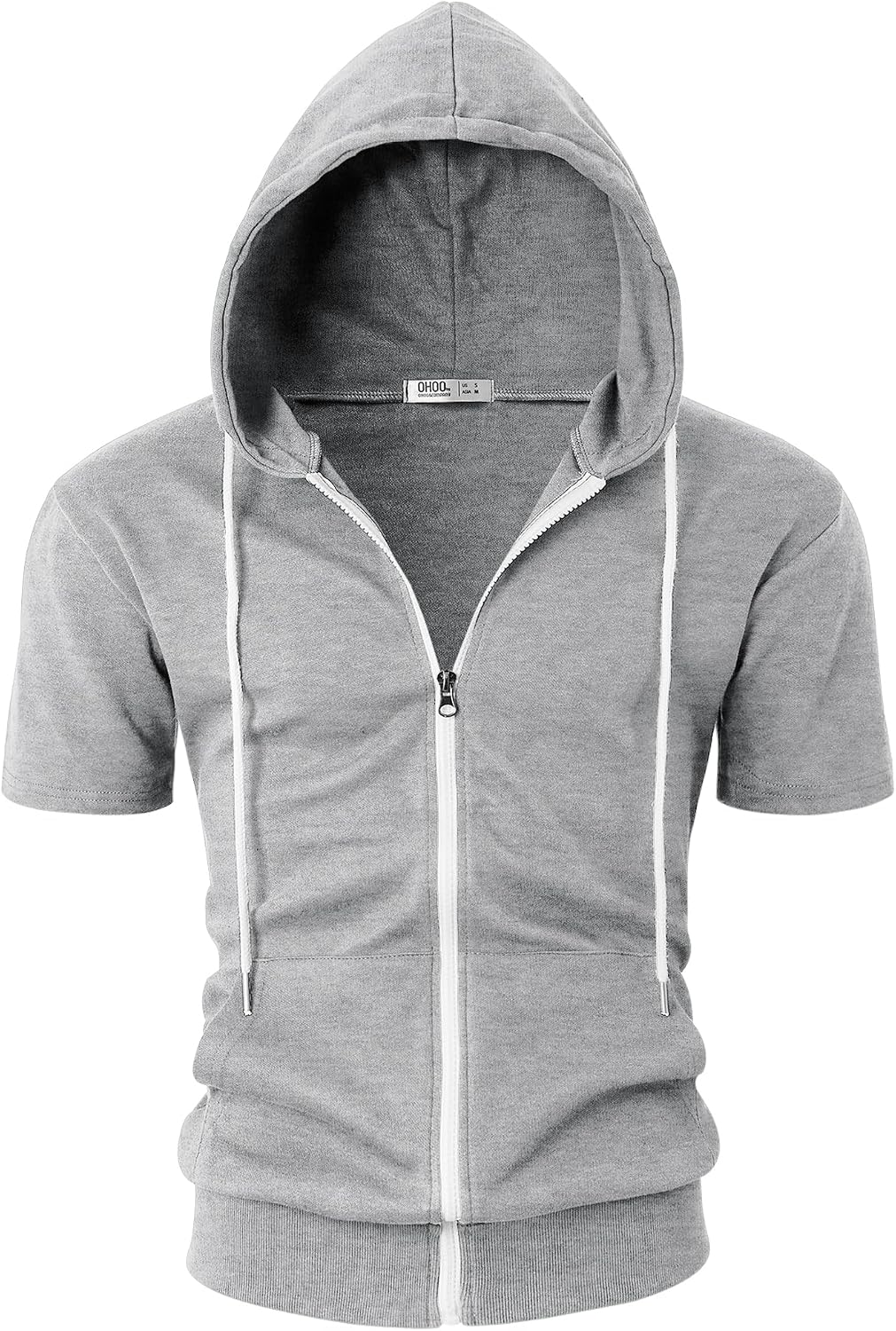 Ohoo Mens Slim Fit Zip up Hoodie Cotton Blend Soft Fabric Short Sleeve Lightweight Comfy Basic Jacket with Kanga Pocket