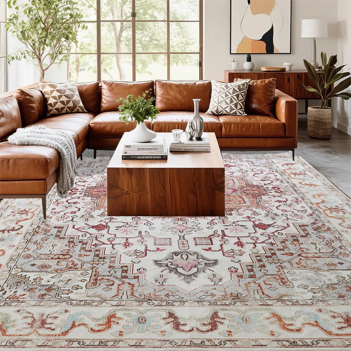 Large Area Rugs 6x9, Washable Vintage Rugs -Low Pile, Soft Plush Rugs for Bedroom, Kitchen, Dining Room, Stain Resistance, Non Shedding & Kid & Pet