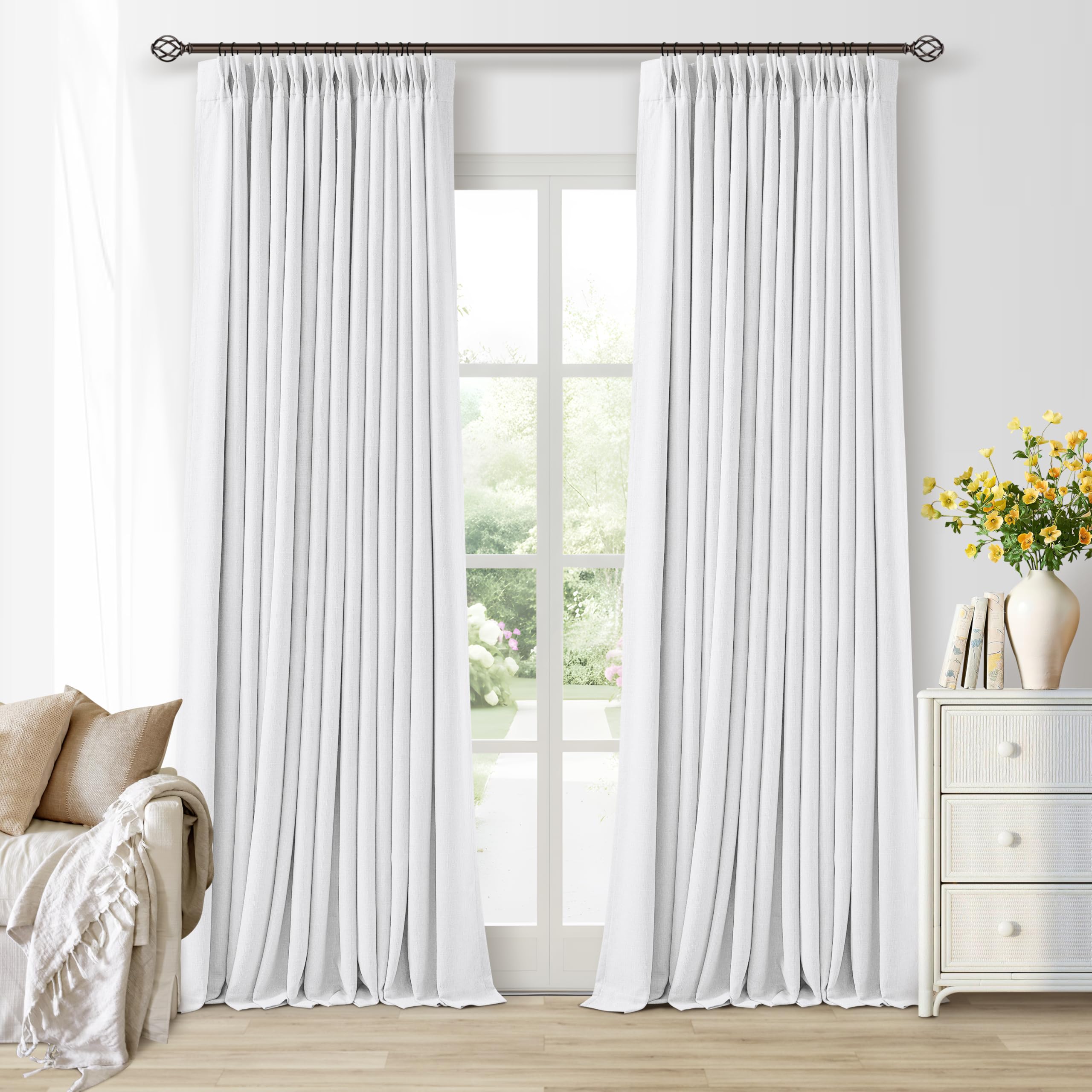 Soft White 100 Inch Floor Length Linen Blackout Curtains for Bedroom Pinch Pleated Black Out Thermal Insulated Window Drapes Light Blocking Double Layer Soundproof 100 Inch White Curtain 2 Panels โ image 1