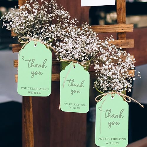 Miniatura 5 de Whaline 200 etiquetas de regalo verde salvia, etiquetas de papel verde, etiquetas colgantes en blanco con cuerda de cáñamo para boda, baby shower,