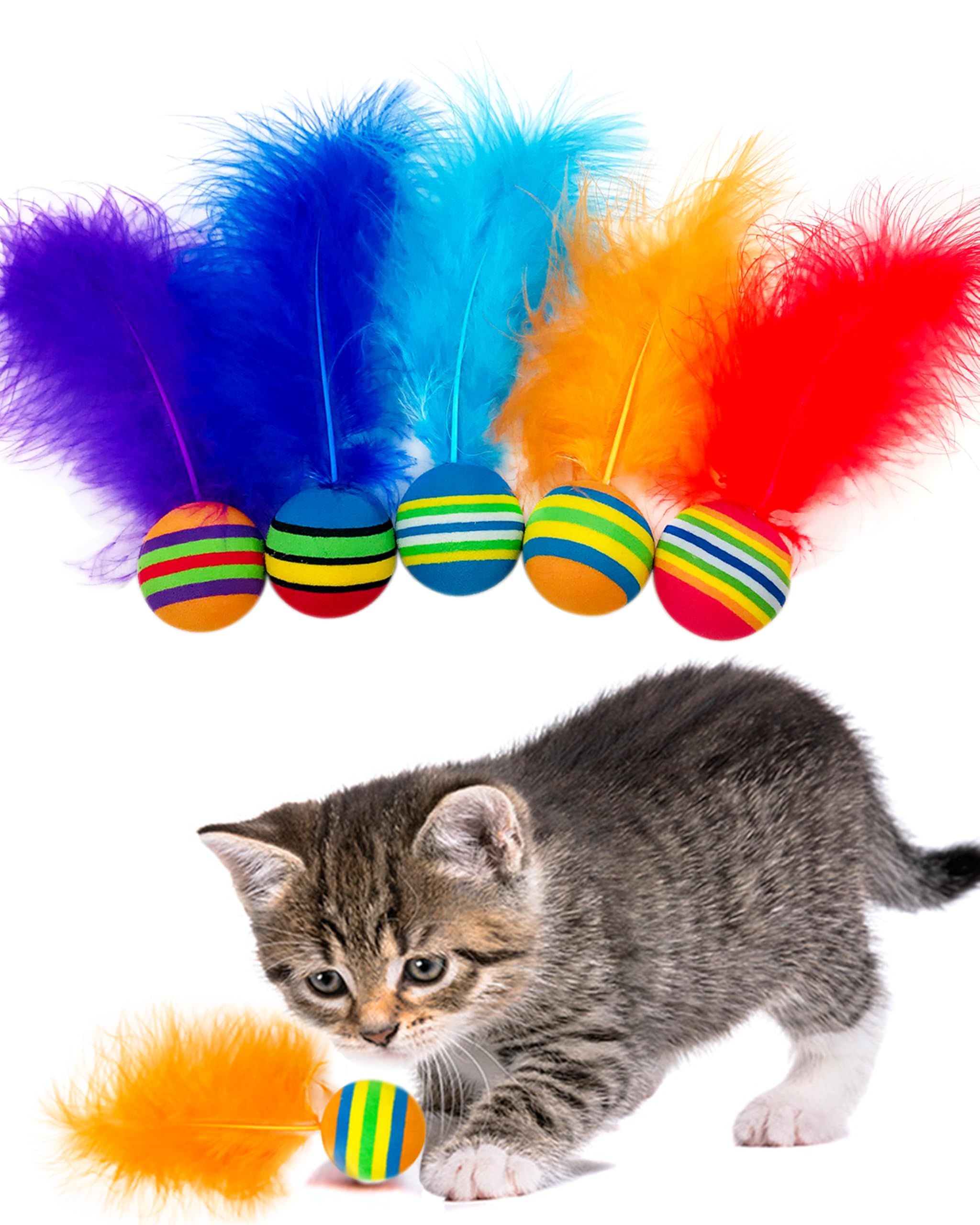 BIPY 5pcs 4cm Cat Toys Balls with Feathers EVA Foam Soft Colorful Rainbow Balls Toy for Interactive Kitten Adult Cat Quiet Indoor Play Activity Chase Training Cat Bouncy Balls — image 1
