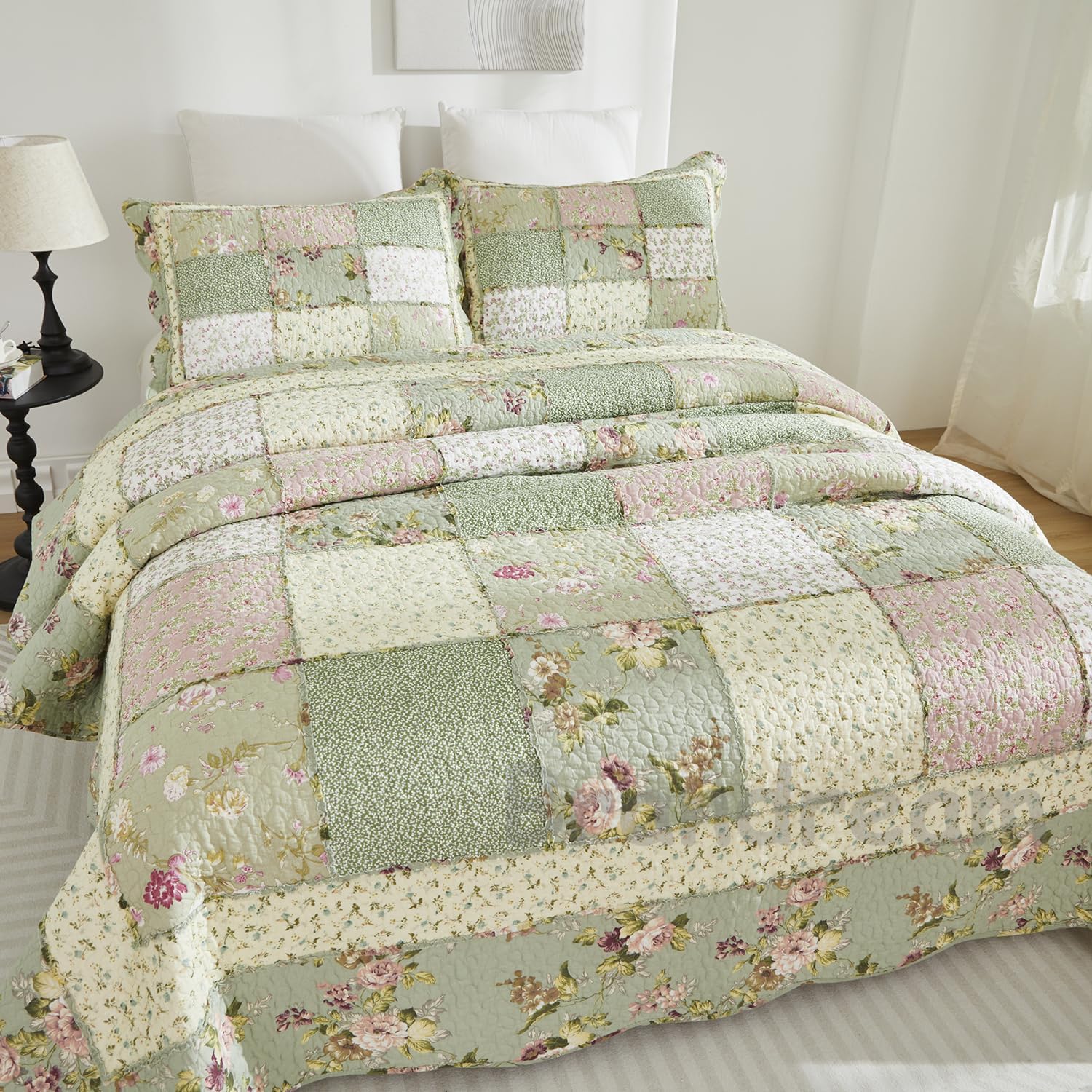 Brandream Patchwork Quilts Queen Size Cotton Green Rose Floral Quilted Comforter Set Country Rustic Coverlet Set 3-Piece - Image 7