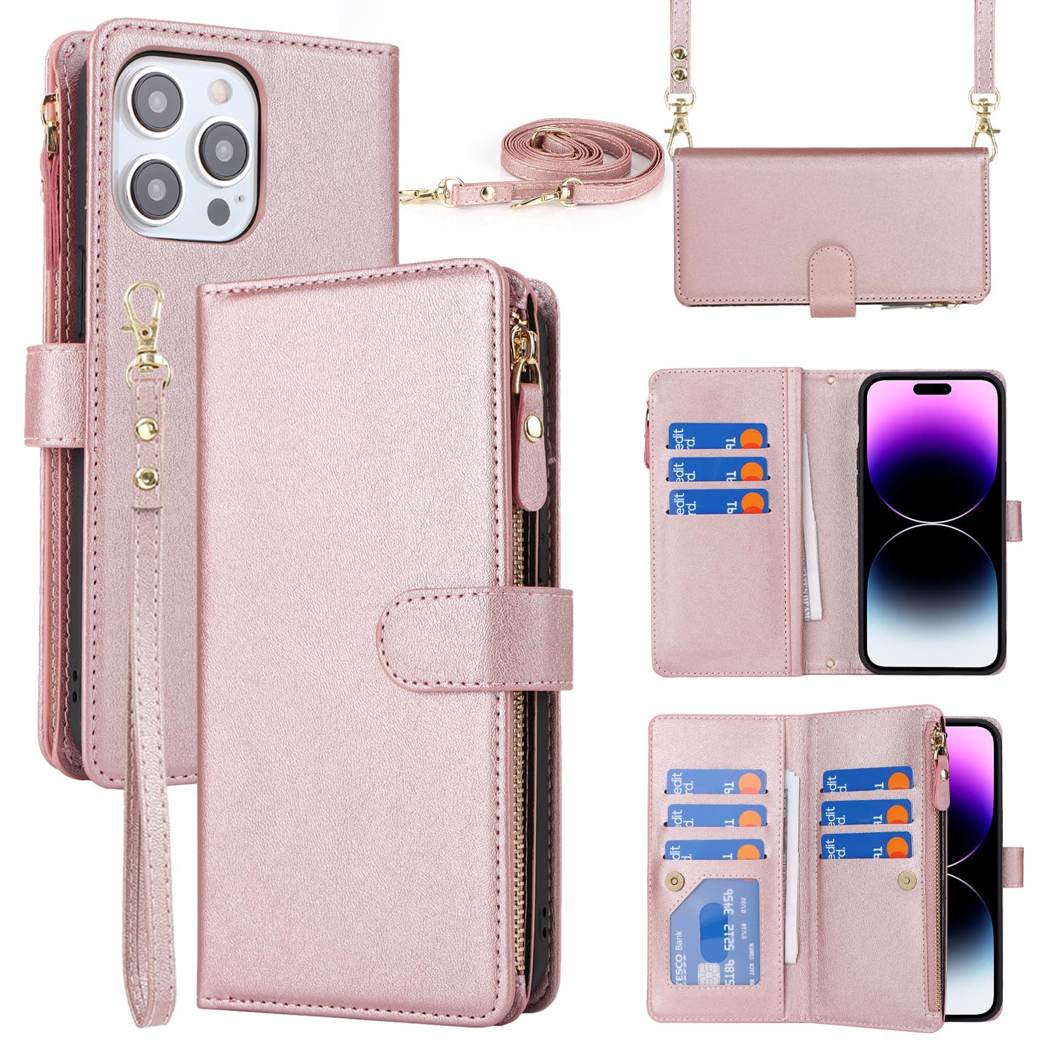SRISHP Cover per iPhone 15 Pro, Magnetica Cover a Libro con Slot per Schede, Custodia in PU Pelle Portafoglio per iPhone 15 Pro, Oro Rosa