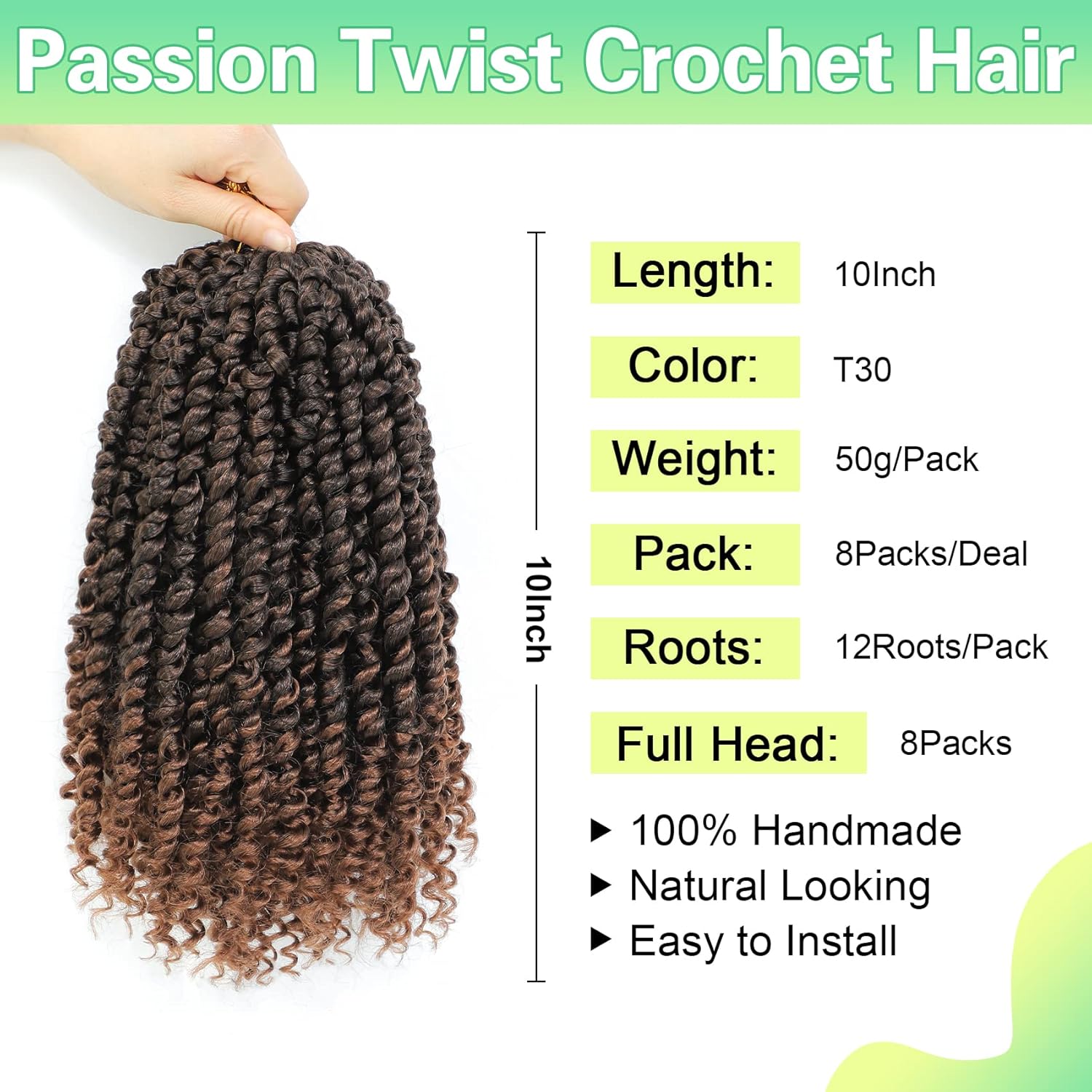 Passion Twist Crochet Hair 10Inch Passion Twist Hair 8 Packs Pre Looped Short Passion Twist Crochet Hair for Black Women T30