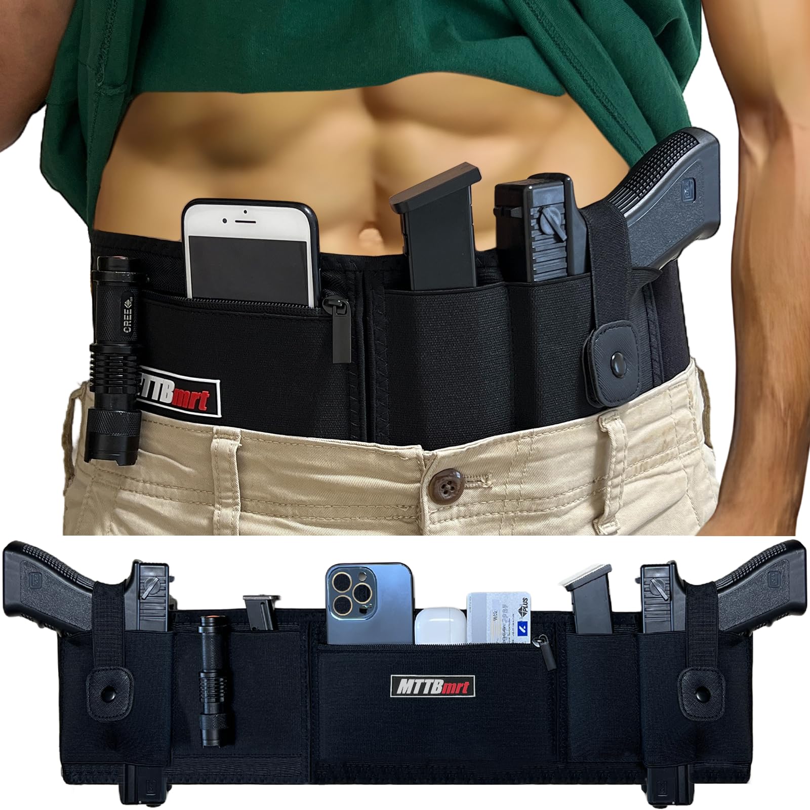 Concealed Carry Holster for 2 Guns - Belly Band Holster for Men/Women, Tactical Elastic Waistband Pistols Adjustable Belly Wrap, IWB OWB Magazine Pouch Fits