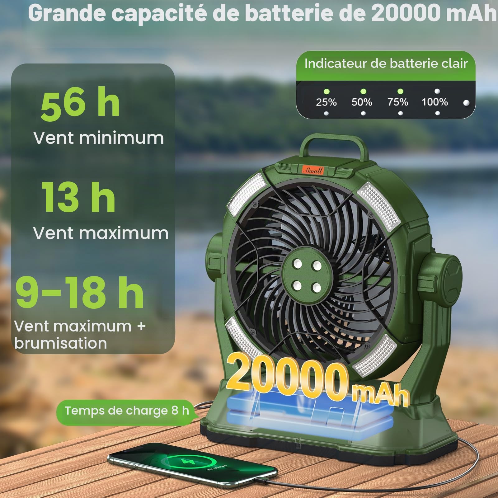 Ventilateur brumisateur portable 6 L 20 000 mAh rechargeable avec lumière LED pour terrasse extérieure camping