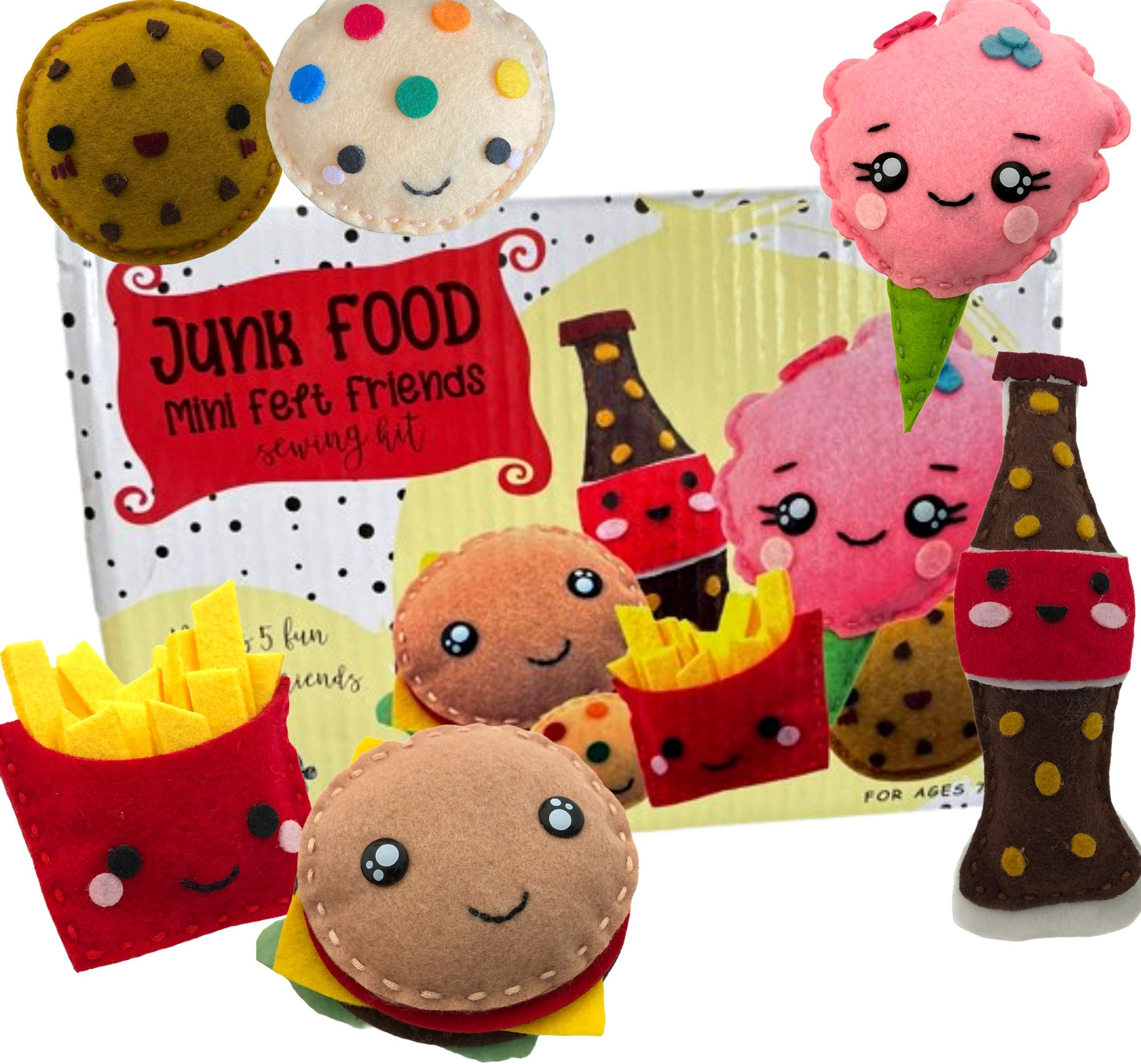 Madam Posy Design Junk Food Sewing Kit for Kids; DIY Art and Craft Kits for Girls; Beginner Sewing Kit for Mini Felt Food Plush Crafts; Fun Creative Art Projects for Girls and Boys Ages 8 9 10 11 12