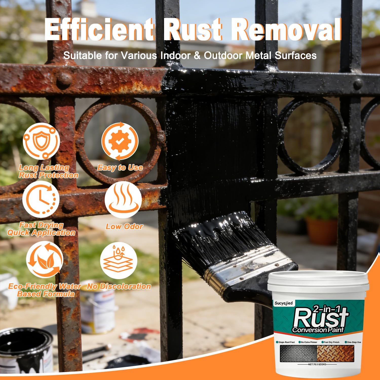 Metal Paint, 2-In-1 Rust Converter for Metal, Rust Remover for Primer, Rust Reformer Conversion Paint, Anti-Rust Inhibitor Heat & UV Resistant for Rusty Trailer Chassis Frame (35 Oz/Black)