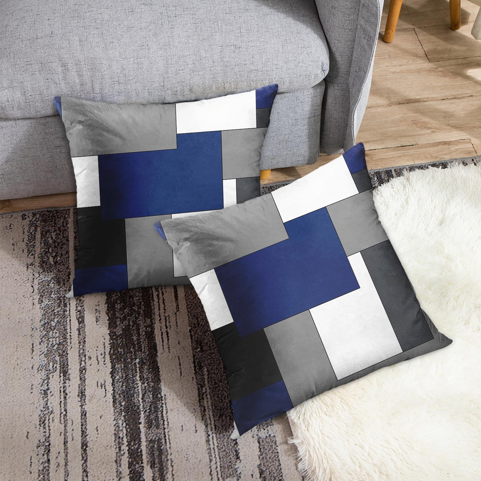 Emvency Set di 2 federe per cuscino con motivo geometrico blu scuro, nero, grigio, bianco, disegno astratto a scacchi, federa decorativa per la casa, moderna, quadrata, 45,7 x 45,7 cm