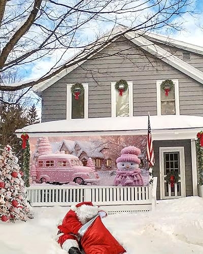 Miniatura 5 de Cubierta de cartel de Navidad rosa para puerta de garaje, decoración colgante de puerta de garaje, camión rosa de Navidad, copos de nieve de