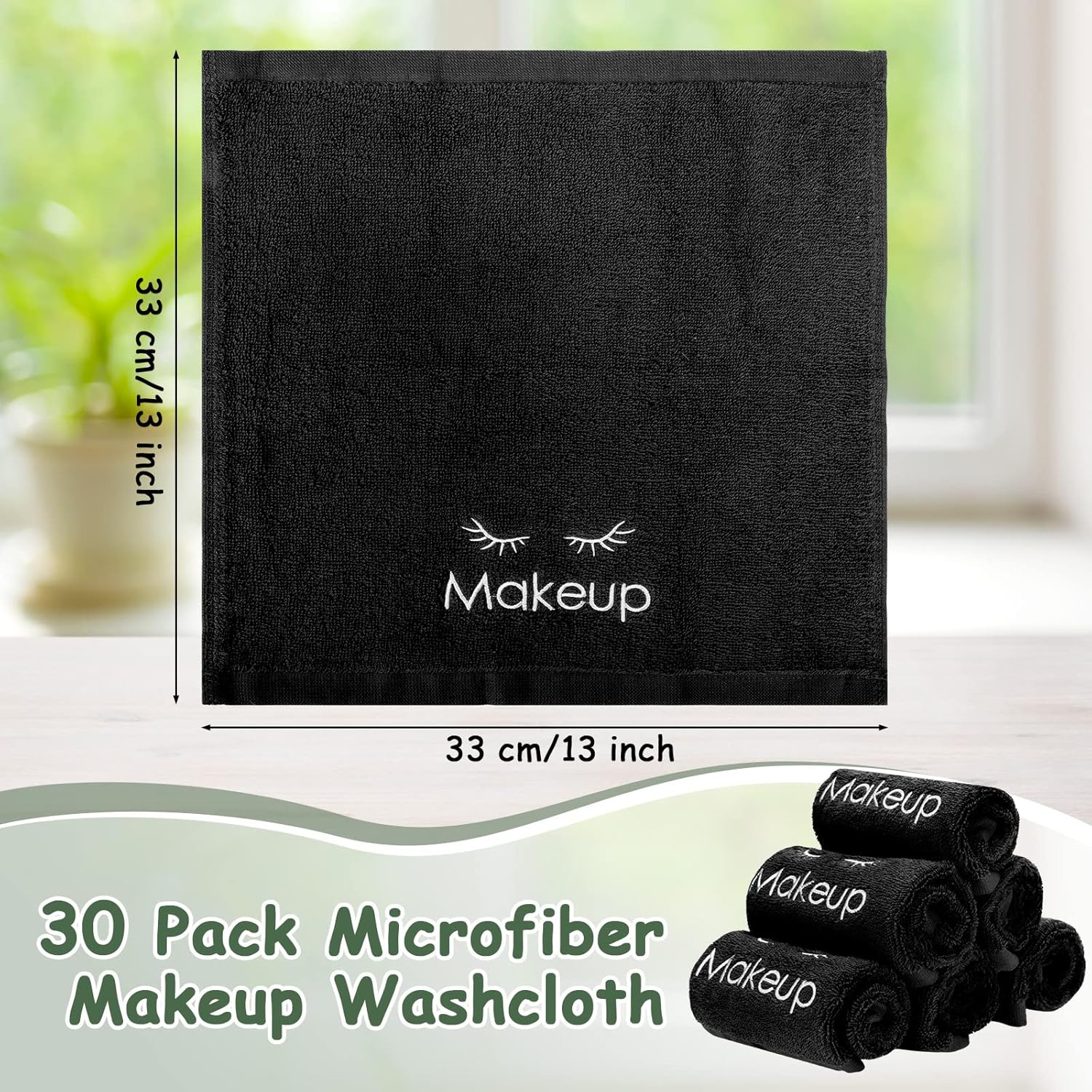 Vabean 30 Pcs Microfiber Black Makeup Washcloths for Face 13 x 13 Inches Makeup Remover Towels Reusable Absorbent Removers Face Wash Cloth with Embroidery for Women