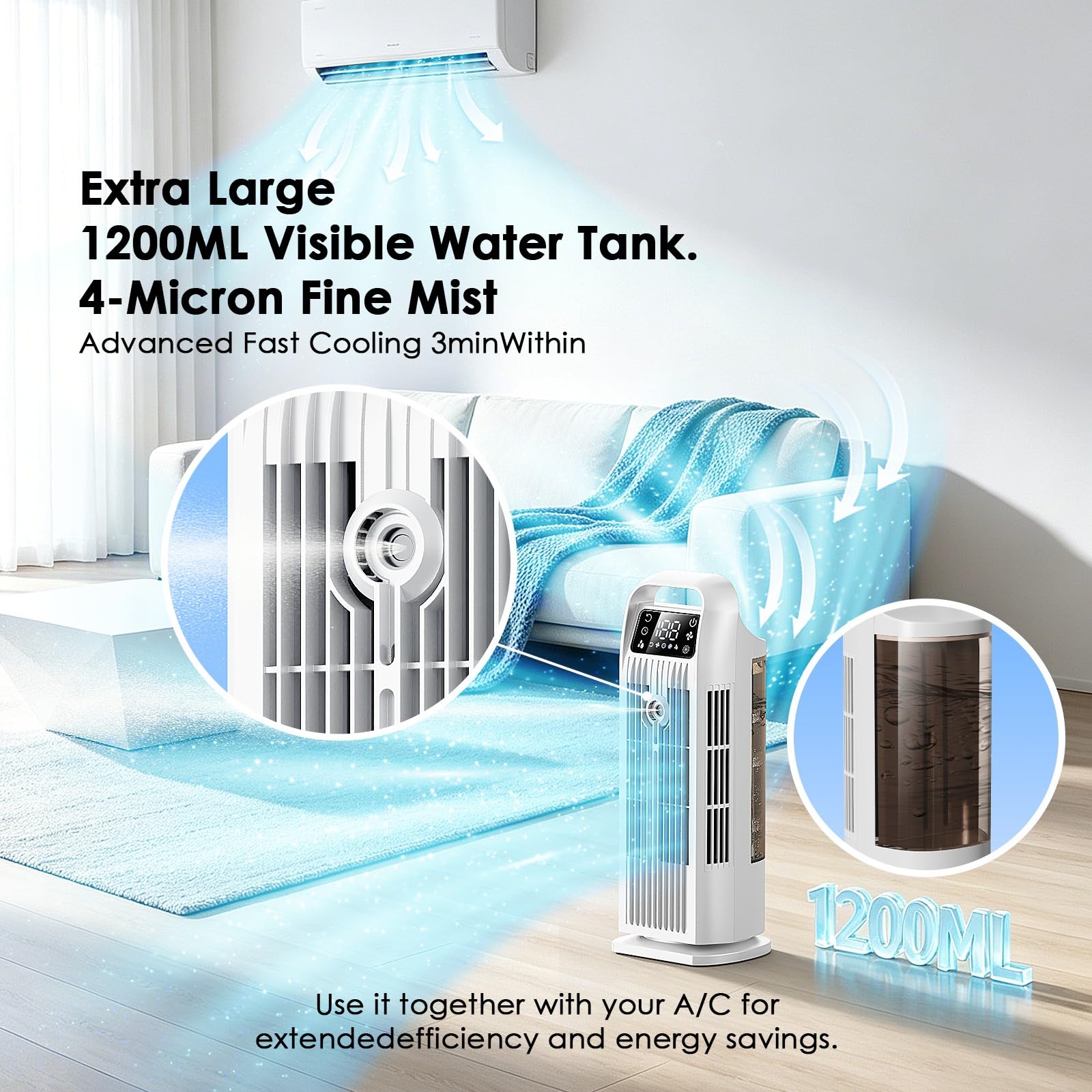 Climatiseur portable sans tuyau 6 en 1, rafraîchisseur d’air à refroidissement par eau, silencieux 36 W, réservoir 1200 ml, mode turbo 7 m/s, pour chambre et appartement, blanc perle