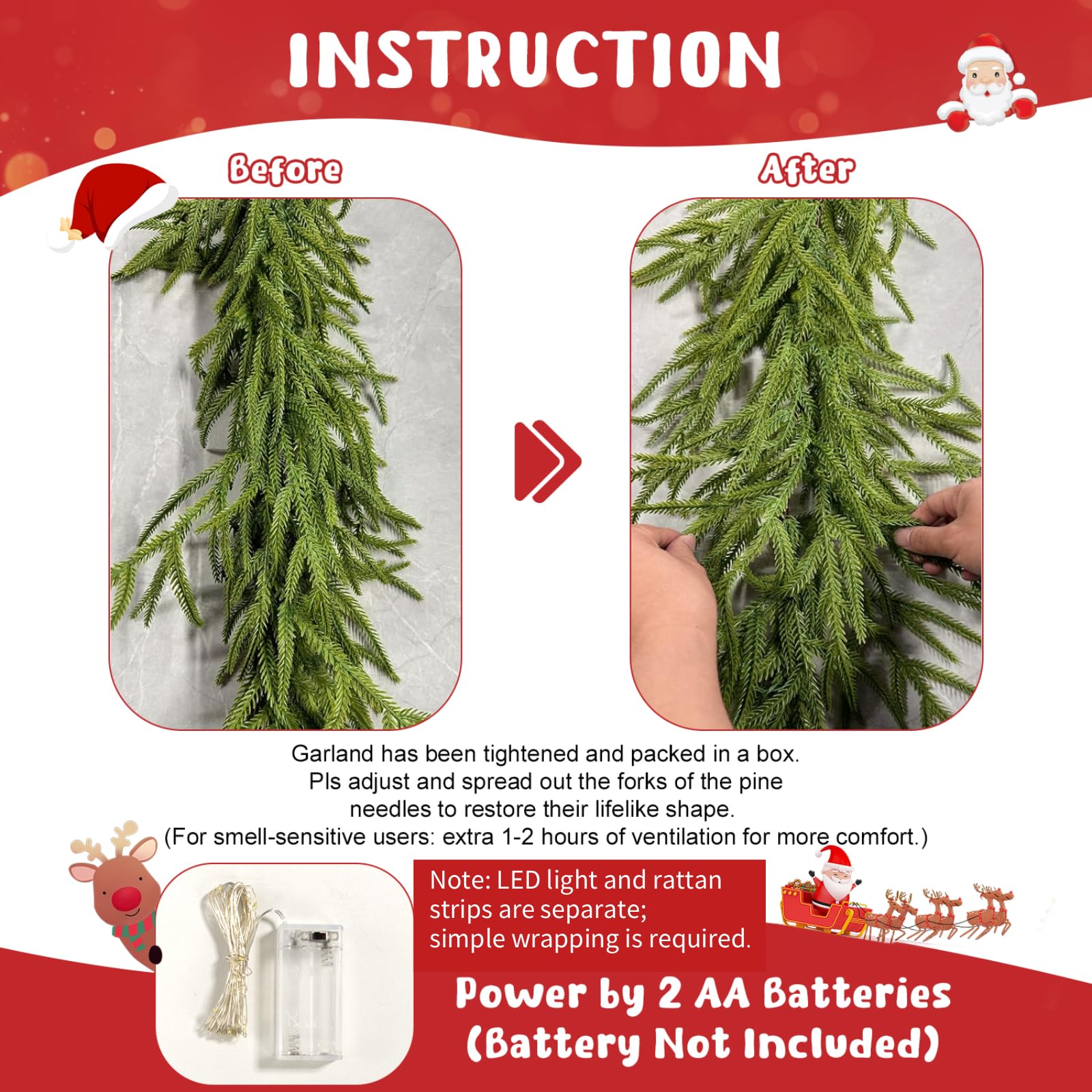 Yamaziot 1 guirlande de Noël avec lumières, guirlande de verdure artificielle de 2,7 m, guirlande de Noël éclairée de vigne de pin vert pour les vacances, décoration intérieure et extérieure