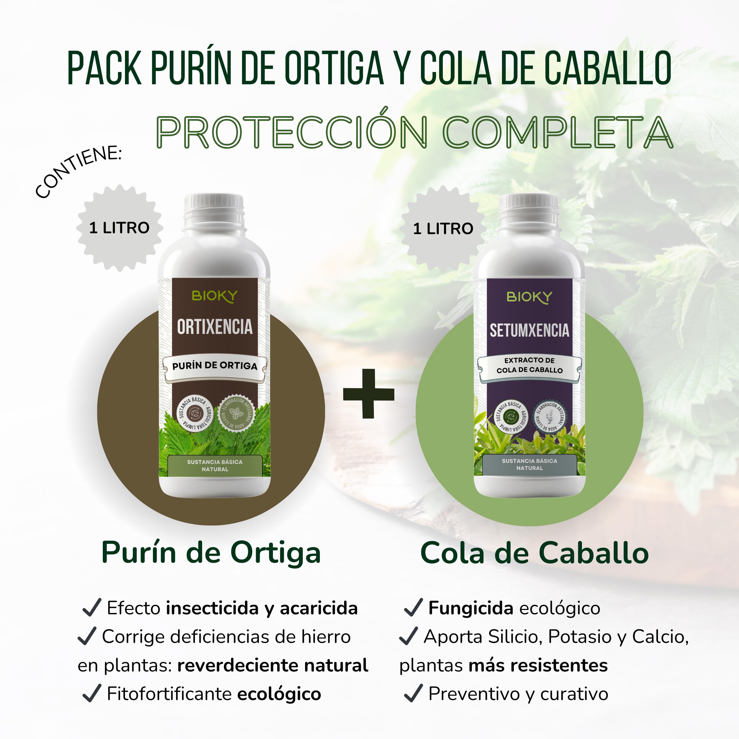 Purín de Ortiga 1L + Extracto de Cola de Caballo para Plantas 1L Aporta Hierro y Nutrientes Esenciales - Mejora Defensas Naturales de Plantas - Producido por Decocción y Fermentación