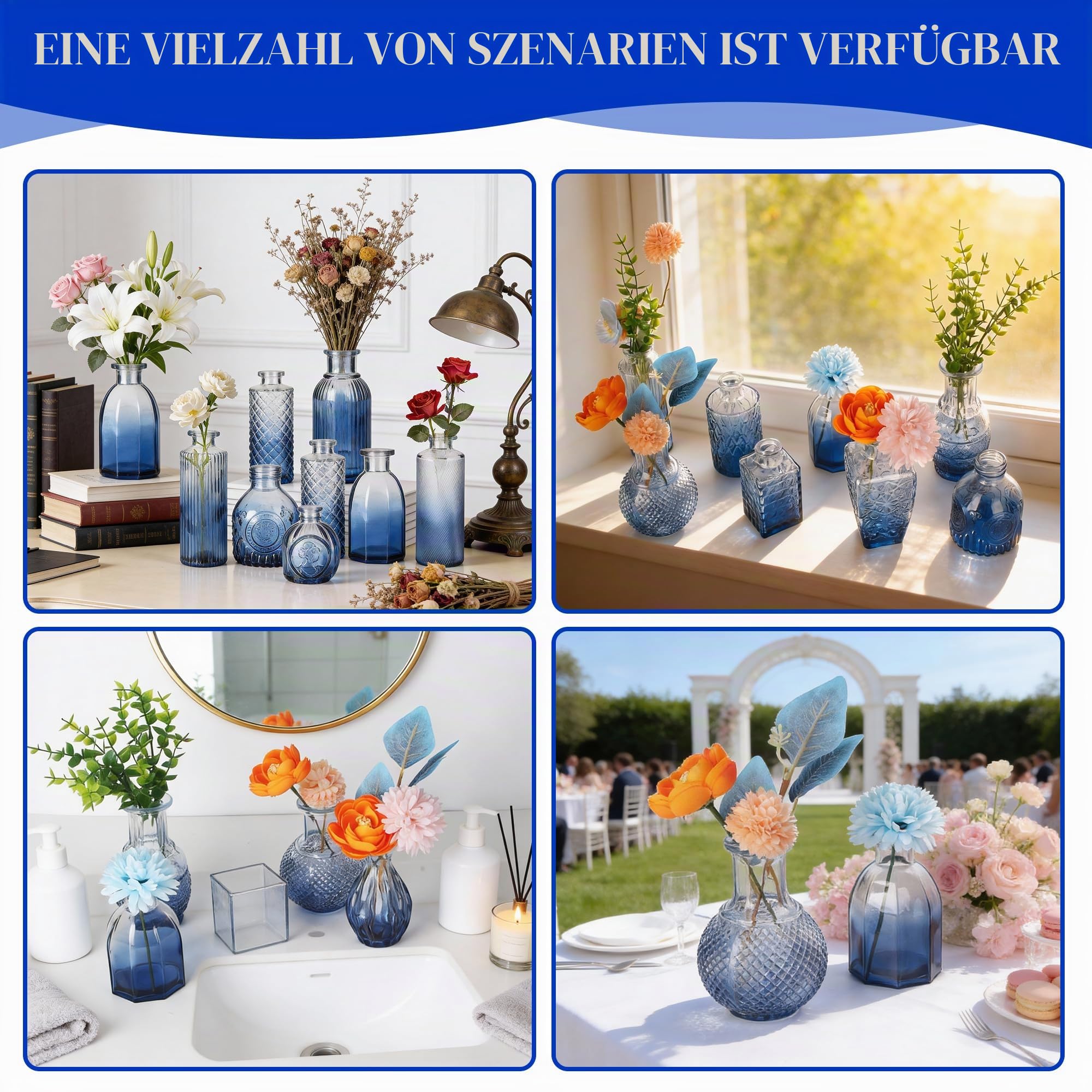 Kleine Vasen für Tischdeko, Vintage Mini Blumenvasen, Glasvasen für Hochzeit, Babyparty, Wohnungsdeko, Kleine Dekovasen für Blumen Pflanzen oder Geschenk,Blau 24er Set