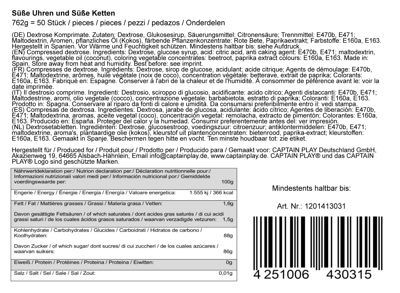 CAPTAIN PLAY Party Box Bonbonnière Colliers Dextrose et Montres Dextrose, 50 pieces en emballage individuel, 762g