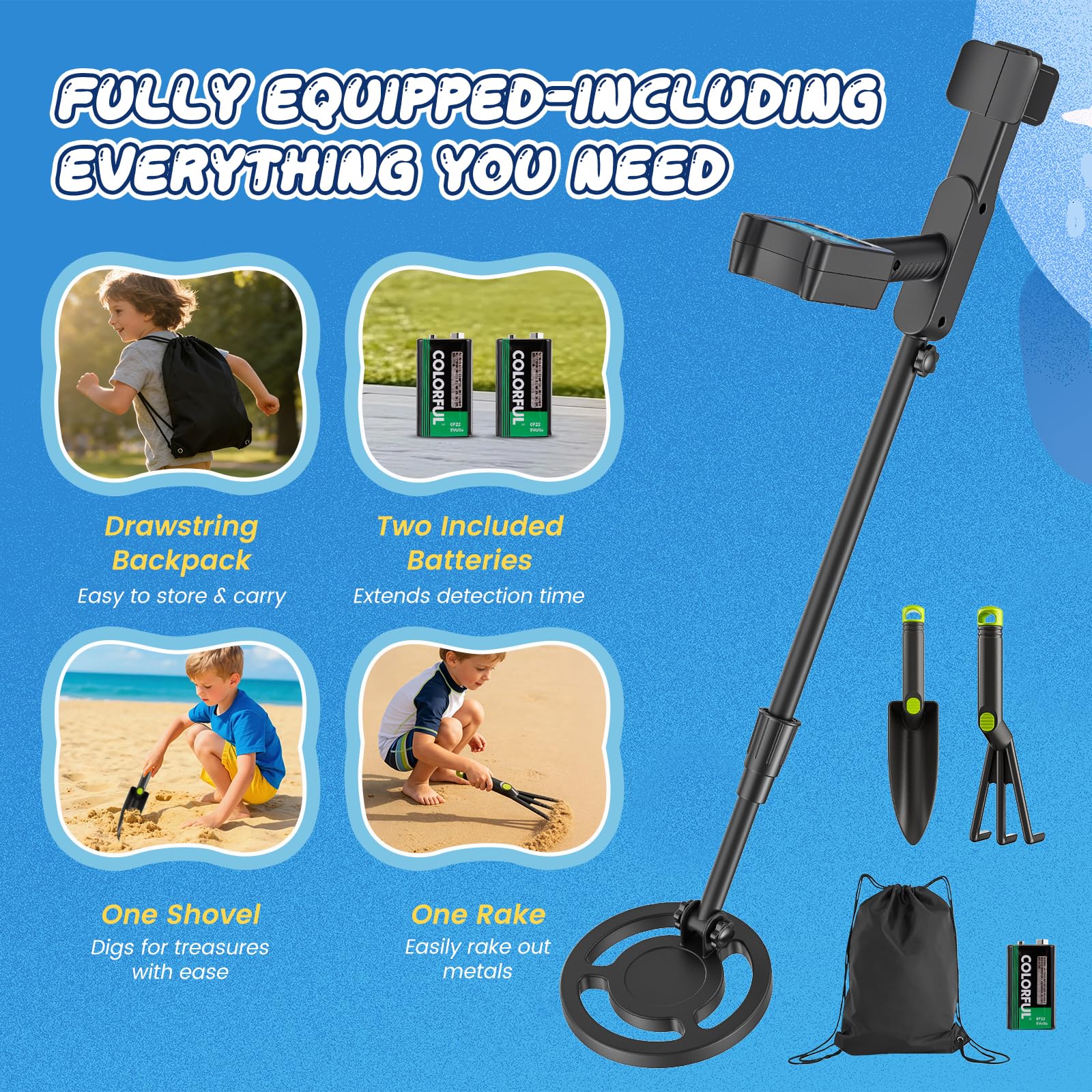 Detector de Metales Niño, Detector Ligero con Pantalla LCD e Indicación Sonora, IP68 Impermeable y Alta Sensibilidad, 2 Modos Kit de Caza del Tesoro para Niños Buscador de Oro (Azul)