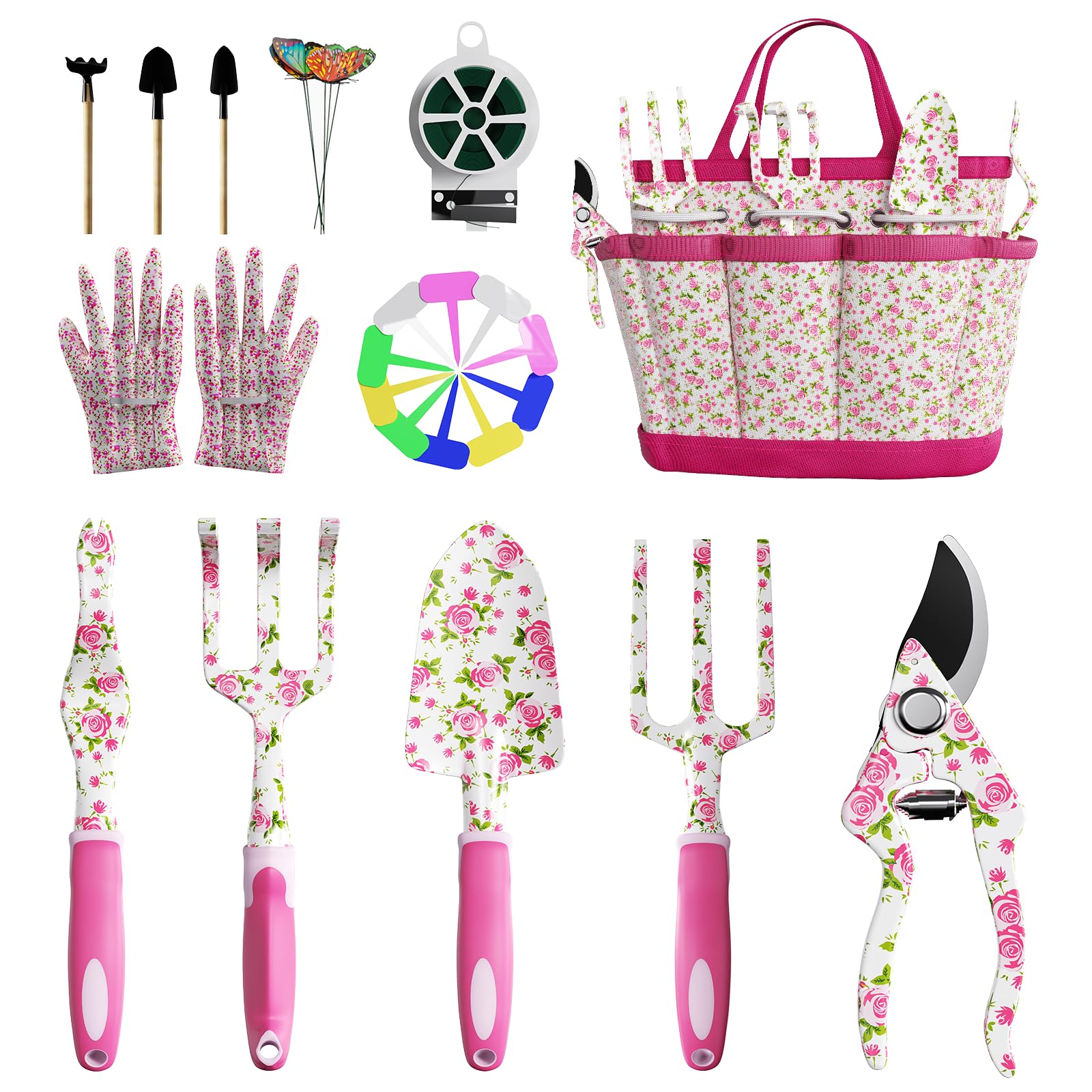 MYMULIKE Gardening Gifts for Women, 26 Pieces Floral Garden Tools Set- Women Girls Garden Kit with Gift Box, Gloves & Handbag, Gifts for Mother, Lady, Christmas, Birthday