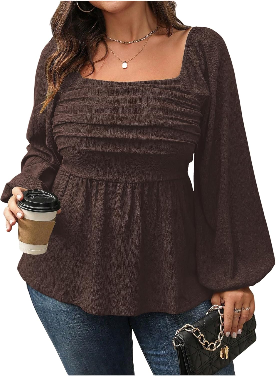 Floerns Women's Plus Size Square Neck Lantern Long Sleeve Ruffle Hem Peplum Blouse Top