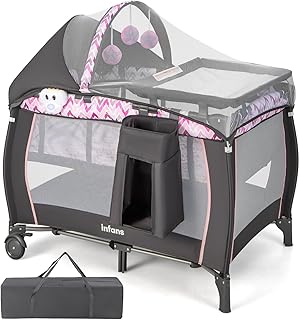 4 in 1 Pack and Play, Portable Travel Baby Playard with Bassinet, Changing Table, Canopy, Mosquito Net, Hanging Toys, Music Box, Storage Bag, Large Playpen from Newborn to Toddlers (Pink)