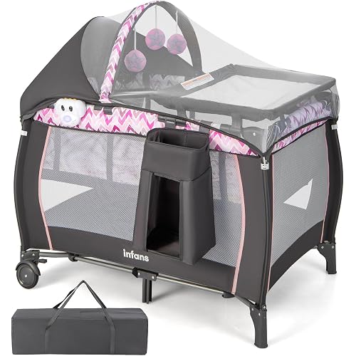 INFANS 4 in 1 Pack and Play, Portable Travel Baby Playard with Bassinet, Changing Table, Canopy, Mosquito Net, Hanging Toys, Music Box, Storage Bag, Large Playpen from Newborn to Toddlers (Pink)