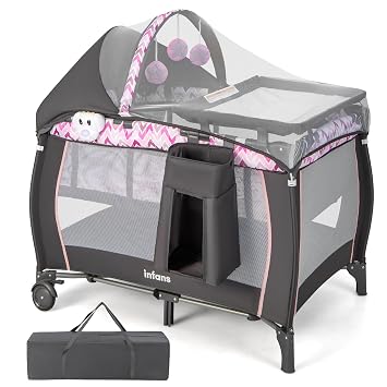 INFANS 4 in 1 Pack and Play, Portable Travel Baby Playard with Bassinet, Changing Table, Canopy, Mosquito Net, Hanging Toys, Music Box, Storage Bag, Large Playpen from Newborn to Toddlers Pink