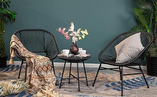 HERA'S HOUSE Juego de muebles de patio de 3 piezas, juego de conversación de mimbre para exteriores con 2 sillas acolchadas tejidas a mano, mesa