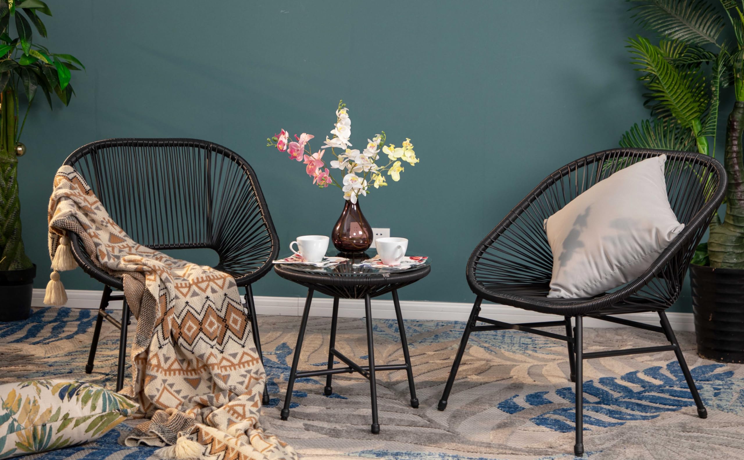 HERA'S HOUSE 3-Piece Patio Furniture Set, Outdoor Wicker Conversation Set w/ 2 Handwoven Cushioned Chairs, Side Coffee Table for Backyard Lawn Porch Poolside Balcony (only 1 chair, color is green)