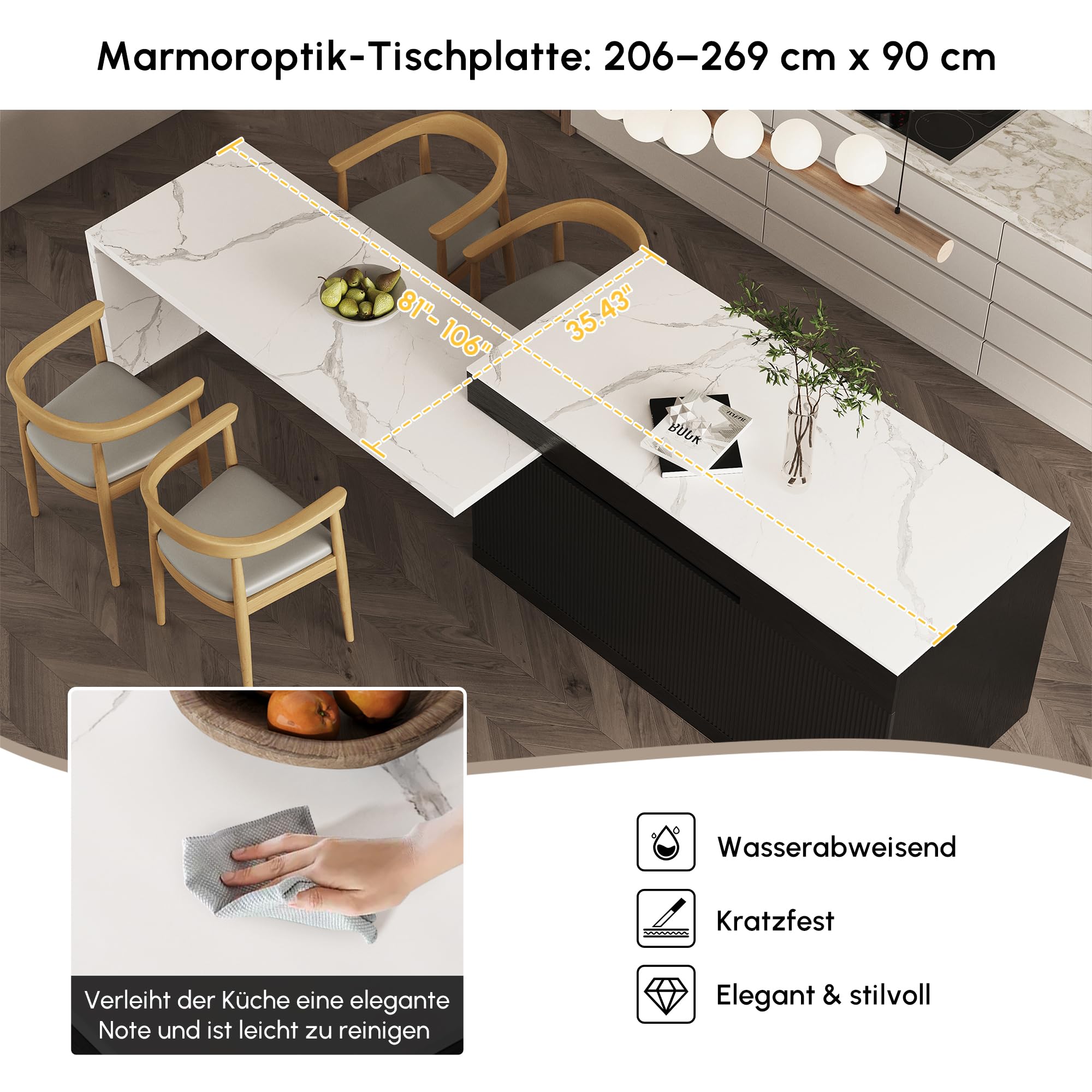 Homary Ausziehbarer Kücheninsel Freistehend Schwarze mit Stauraum und Sinterstein Arbeitsplatte, Umwandelbarer Esstisch für Küche und Esszimmer, 205-268cm x 90cm