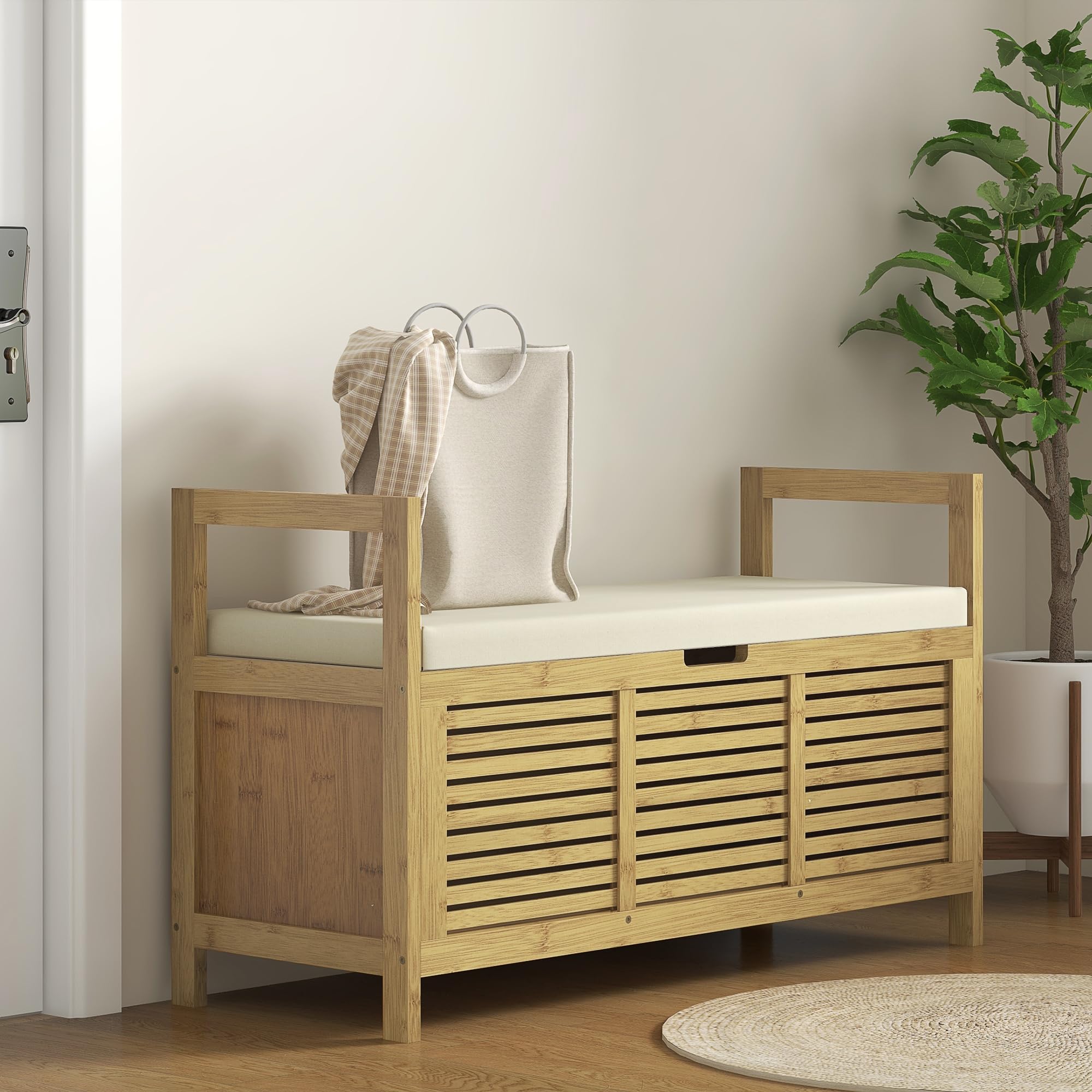 HOMCOM Panca Scarpiera a Doghe da Ingresso con Design a Ribalta, Mobile per Scarpe in Legno di Bambù, 100x40x60 cm, color Legno