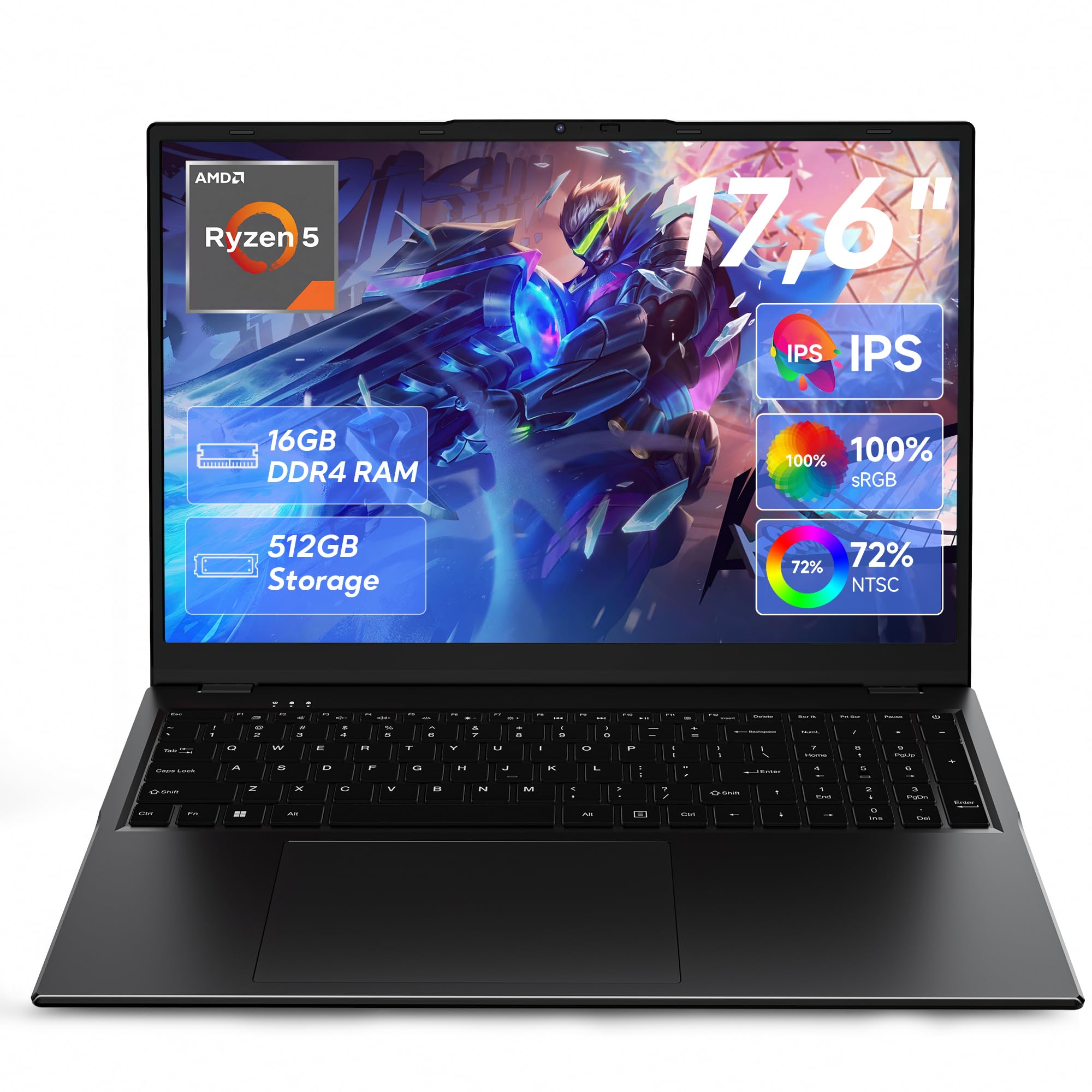jumper 2026 Gaming Laptop 17,6 Zoll IPS 1920X1200, 16GB DDR4 RAM 512GB SSD, AMD R5 3500U(bis zu 3,7GHz), Leuchtende Tastatur, Leichte Business und Studenten Notebook, Vollfunktionale Typ-C/HDMI/WiFi6