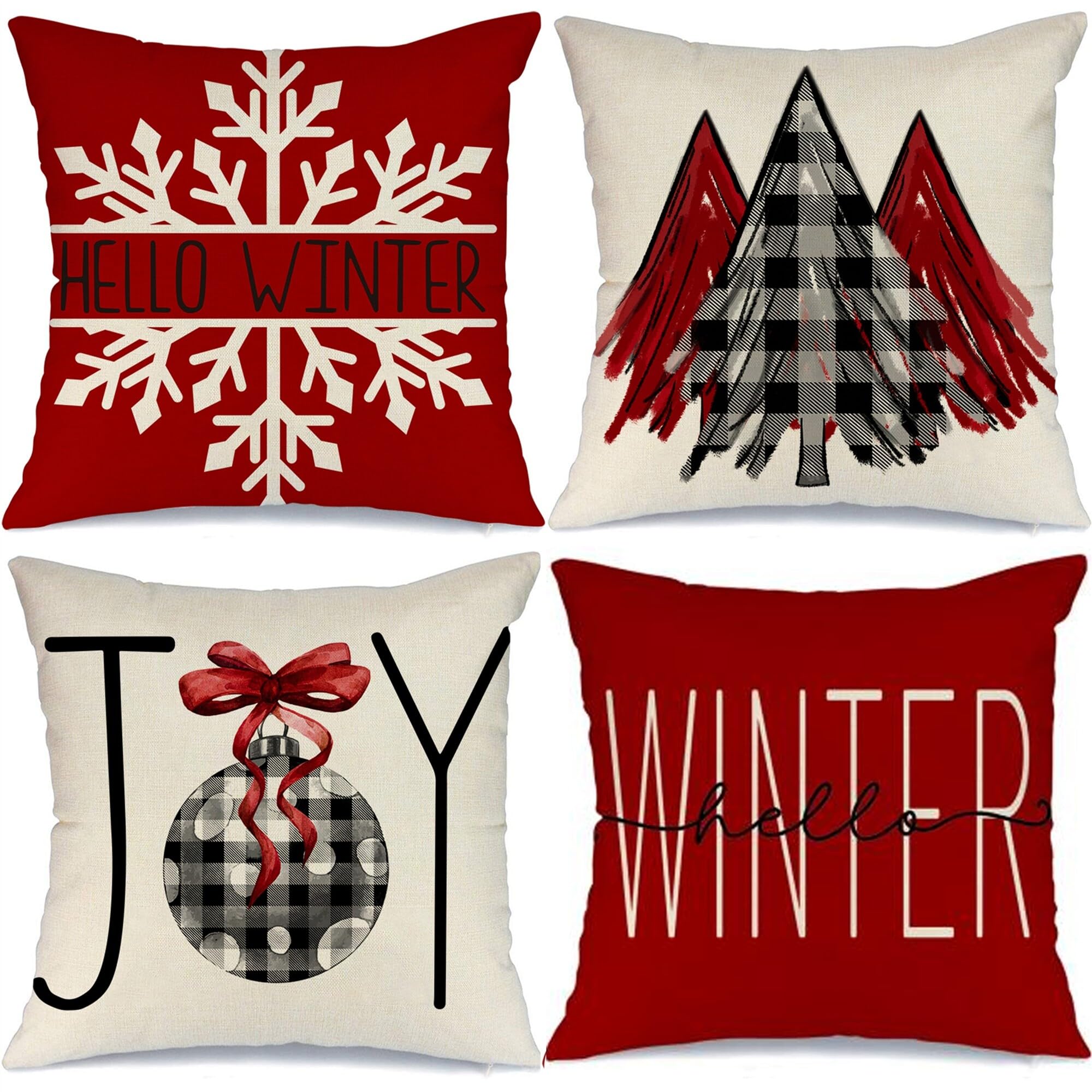 VothenChristmas Throw Pillow Cover 18 x 18 Inch Christmas Decorations Hello Winter Holiday Rustic Farmhouse Faux Linen Christmas Tree Snow Joy Cushion Case for Sofa Couch Set of 4