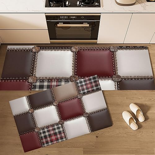 Miniatura 1 de 2Pcs 3D Leather Patchwork Kitchen Mats for Floor Reddish Brown Retro Plaid Printed Non-Slip Washable Rugs Set Runner for Holiday Decor Entrance