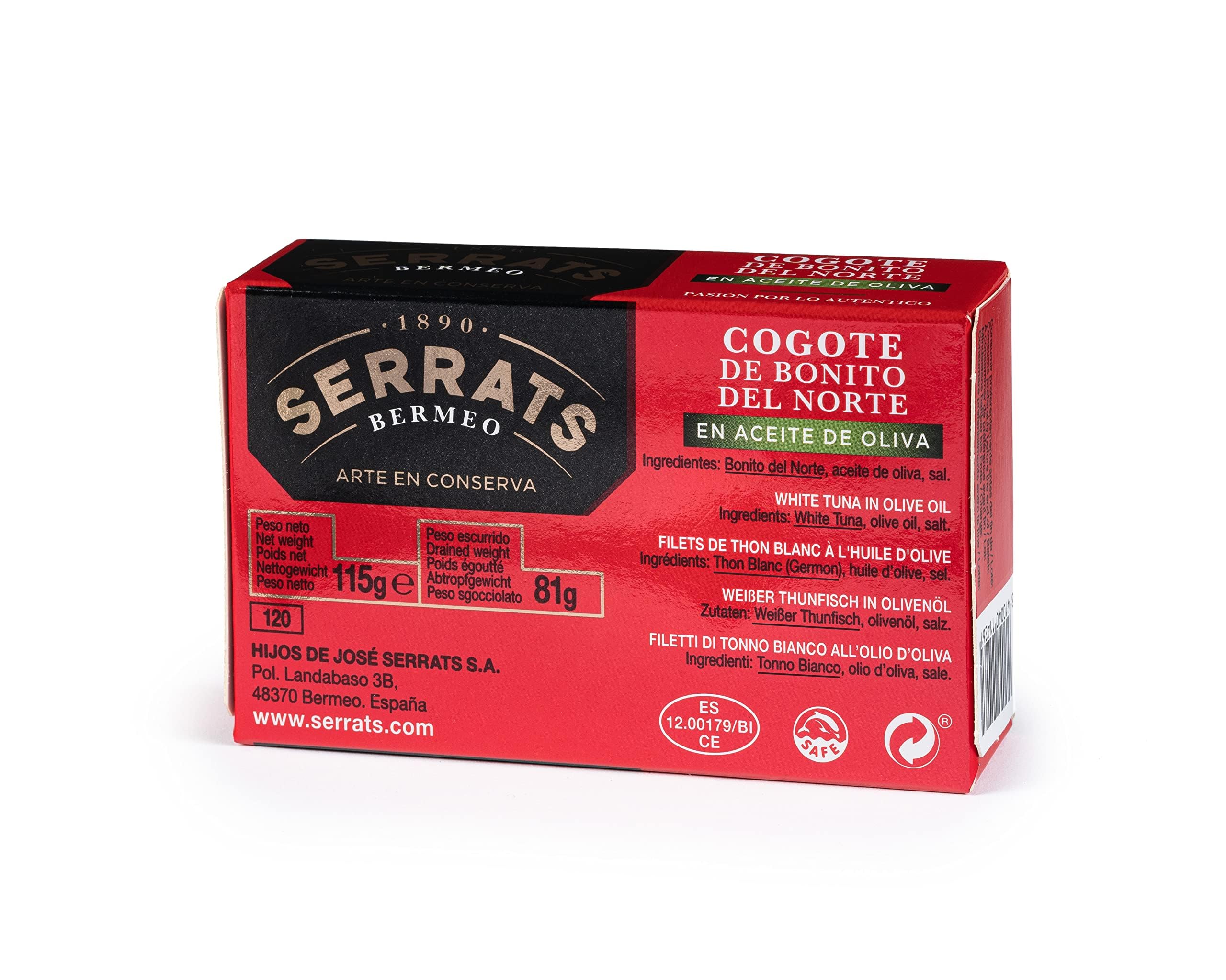 CONSERVAS SERRATS - Nuca di Tonno Bianco del Cantabrico in Olio d'Oliva - 12 Lattine x 115g (Totale: 1380g) - Parte Superiore del Lombo - Texture Morbida - Lavorazione Artigianale Tradizionale